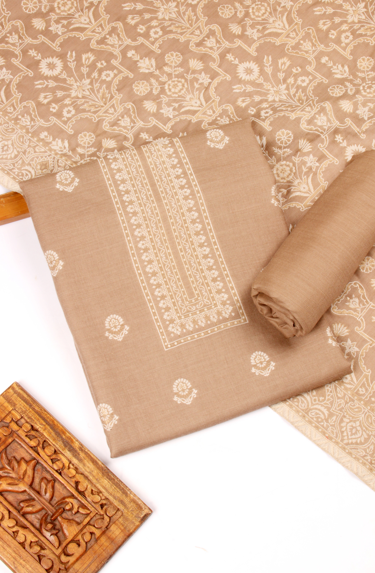 Beige Pure Pashmina Unstitched Salwar Kameez with Stole Dupatta - PAS2027D