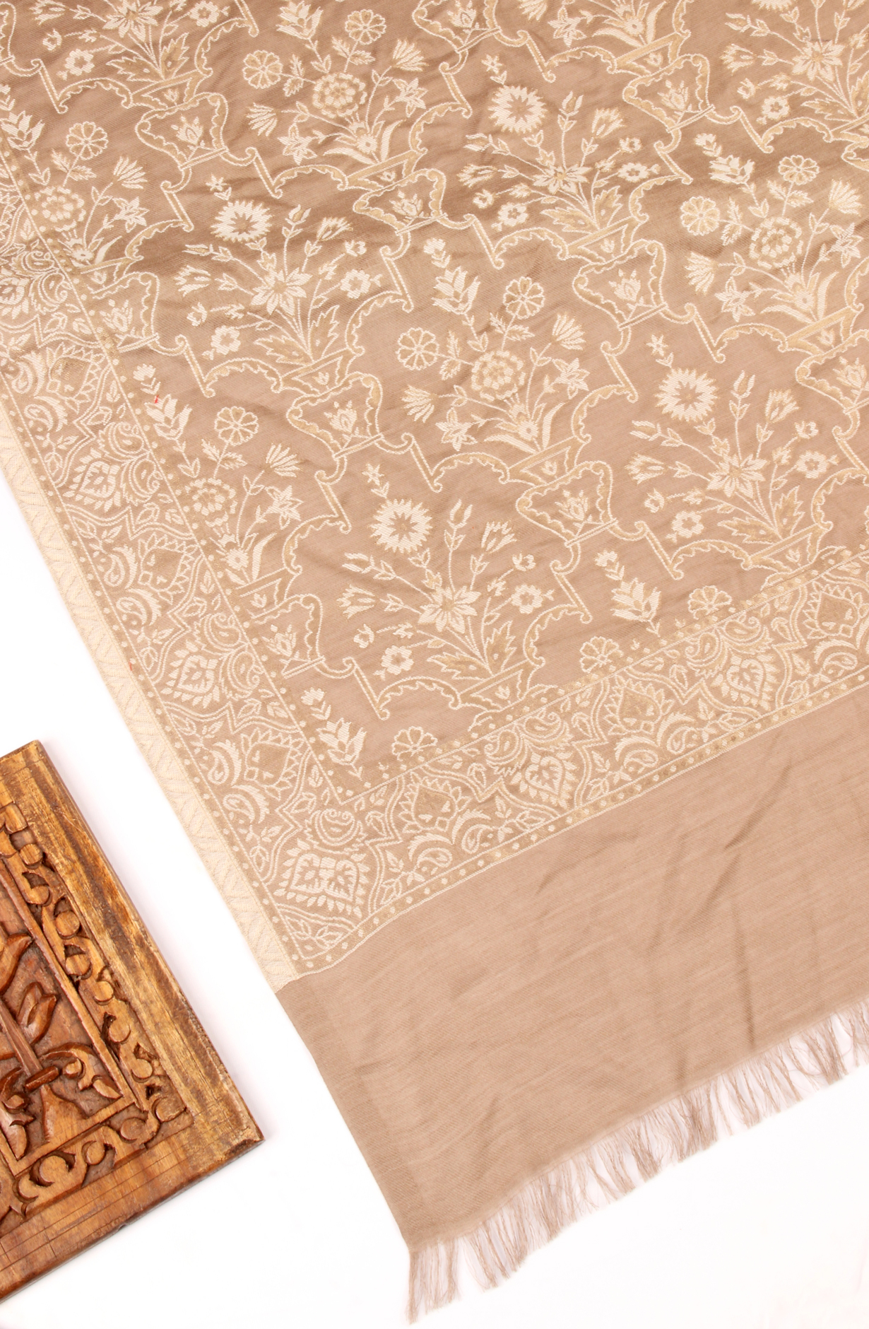 Beige Pure Pashmina Unstitched Salwar Kameez with Stole Dupatta - PAS2027D