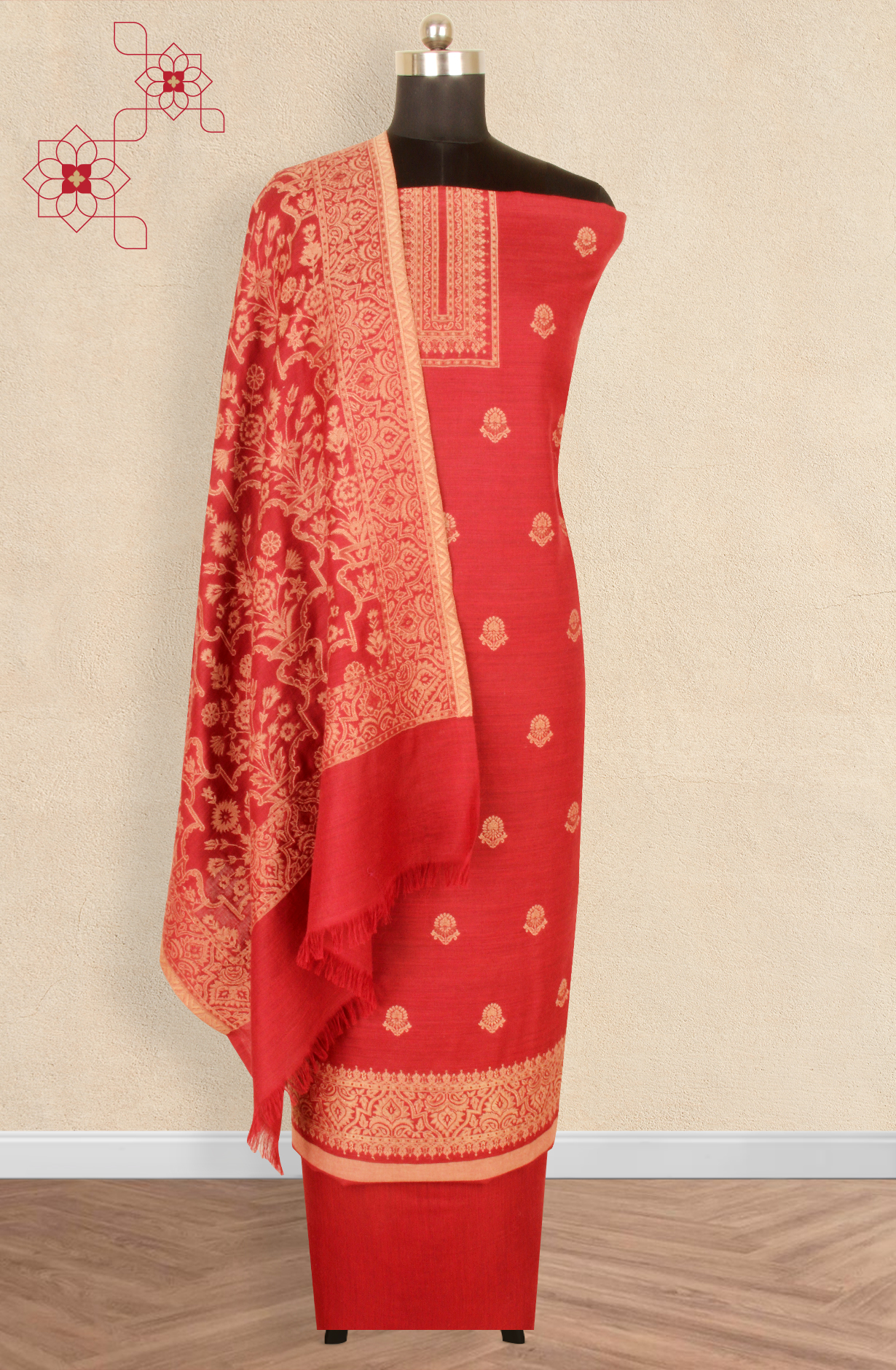 Maroon Pure Pashmina Unstitched Salwar Kameez with Stole Dupatta - PAS2027E