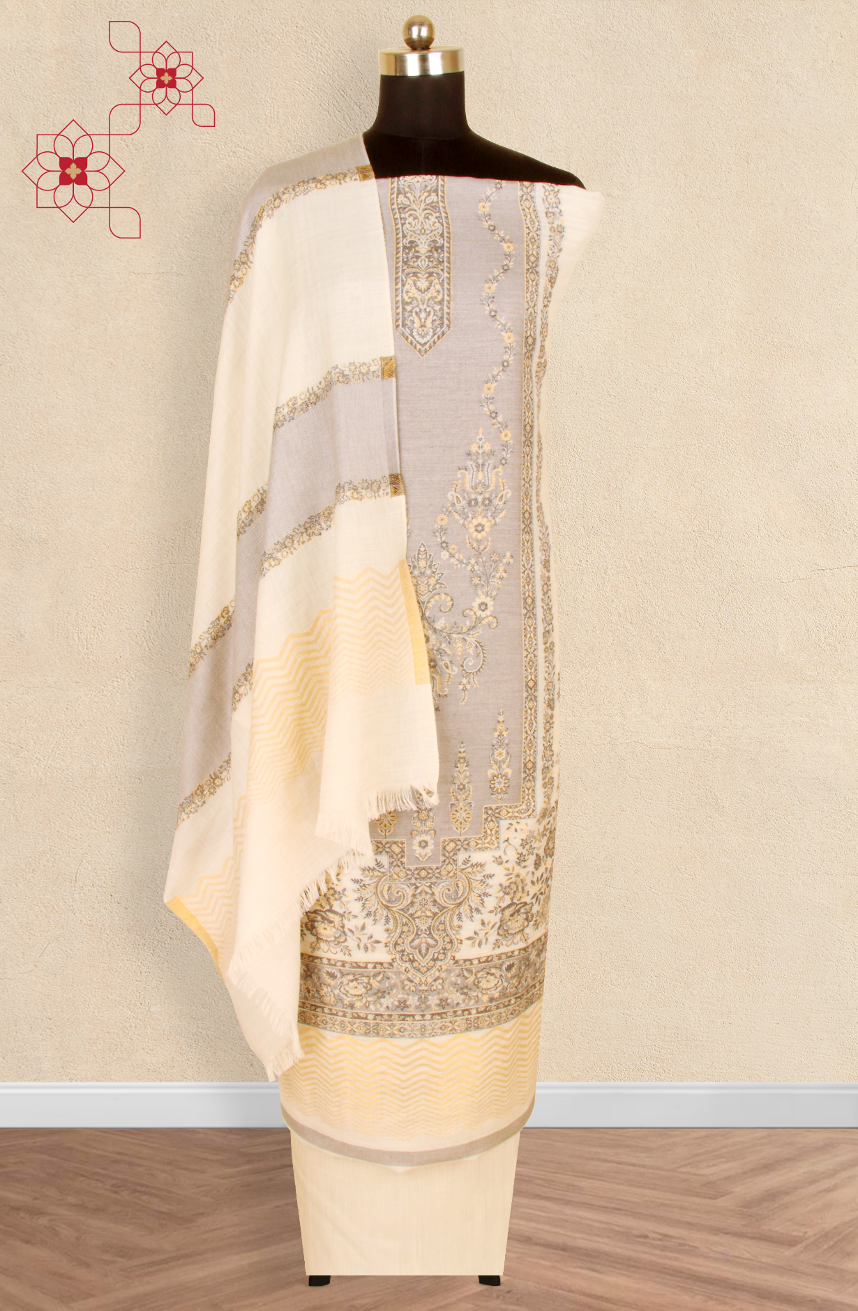 Off-white Pure Pashmina Unstitched Salwar Kameez with Stole Dupatta - PAS2028B