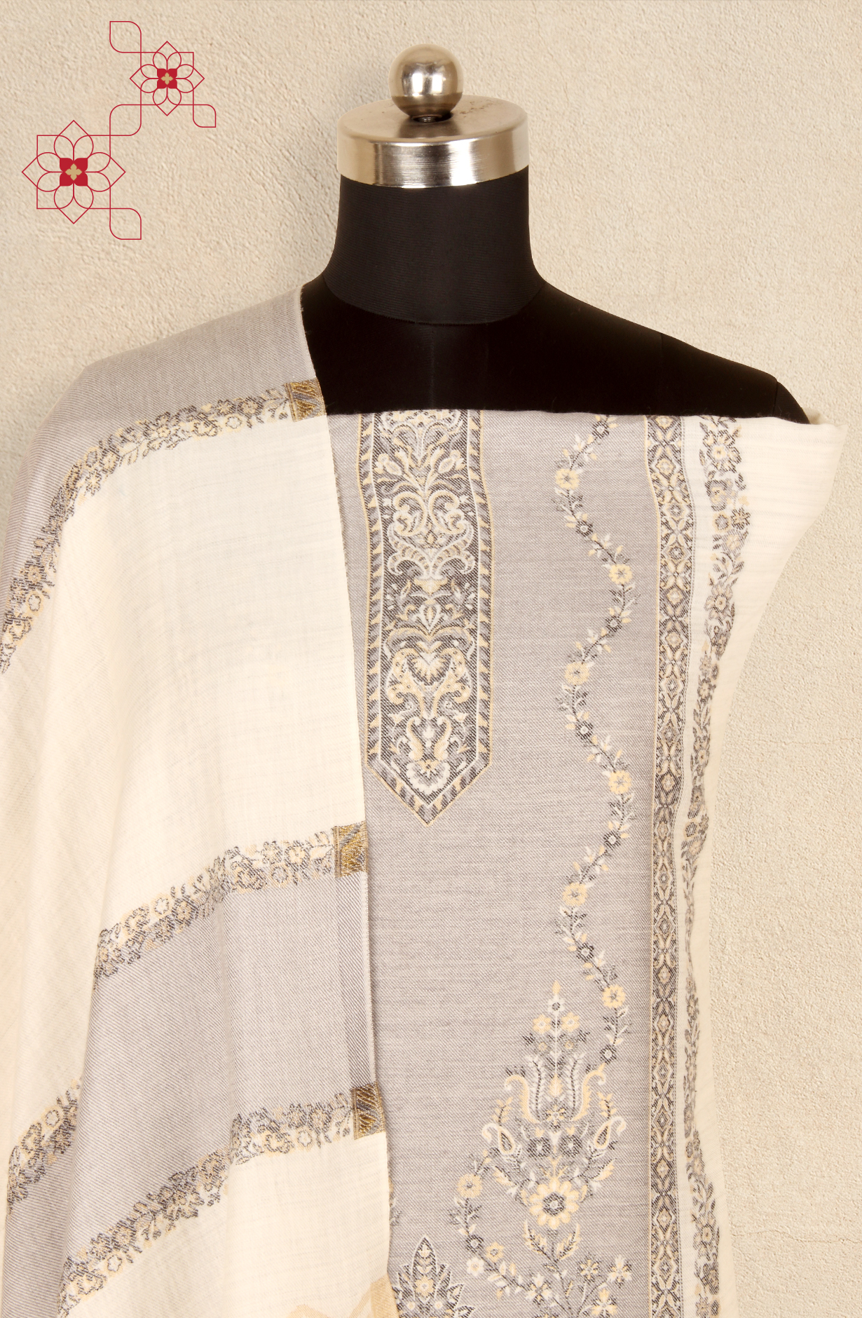 Off-white Pure Pashmina Unstitched Salwar Kameez with Stole Dupatta - PAS2028B