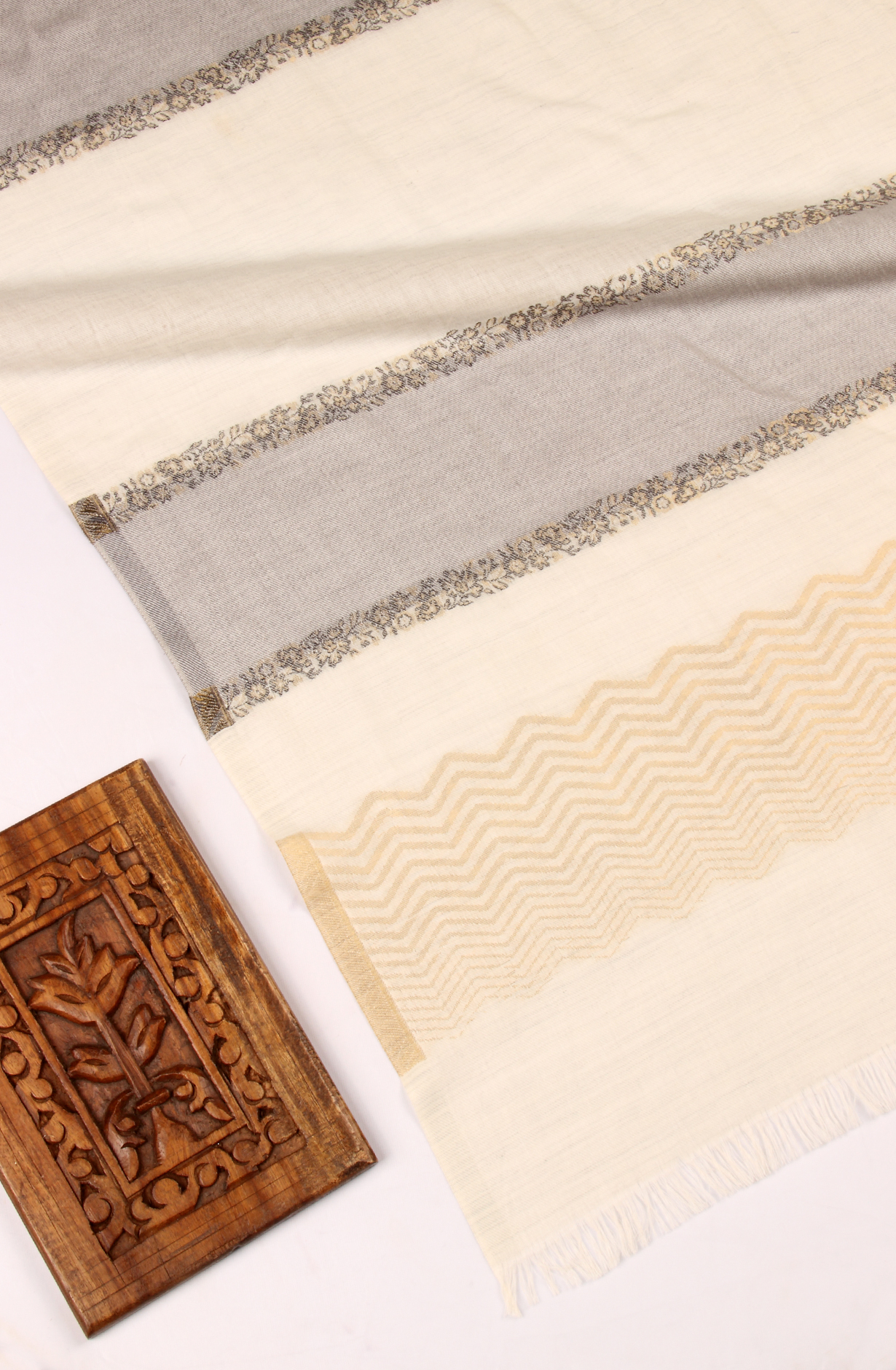 Off-white Pure Pashmina Unstitched Salwar Kameez with Stole Dupatta - PAS2028B