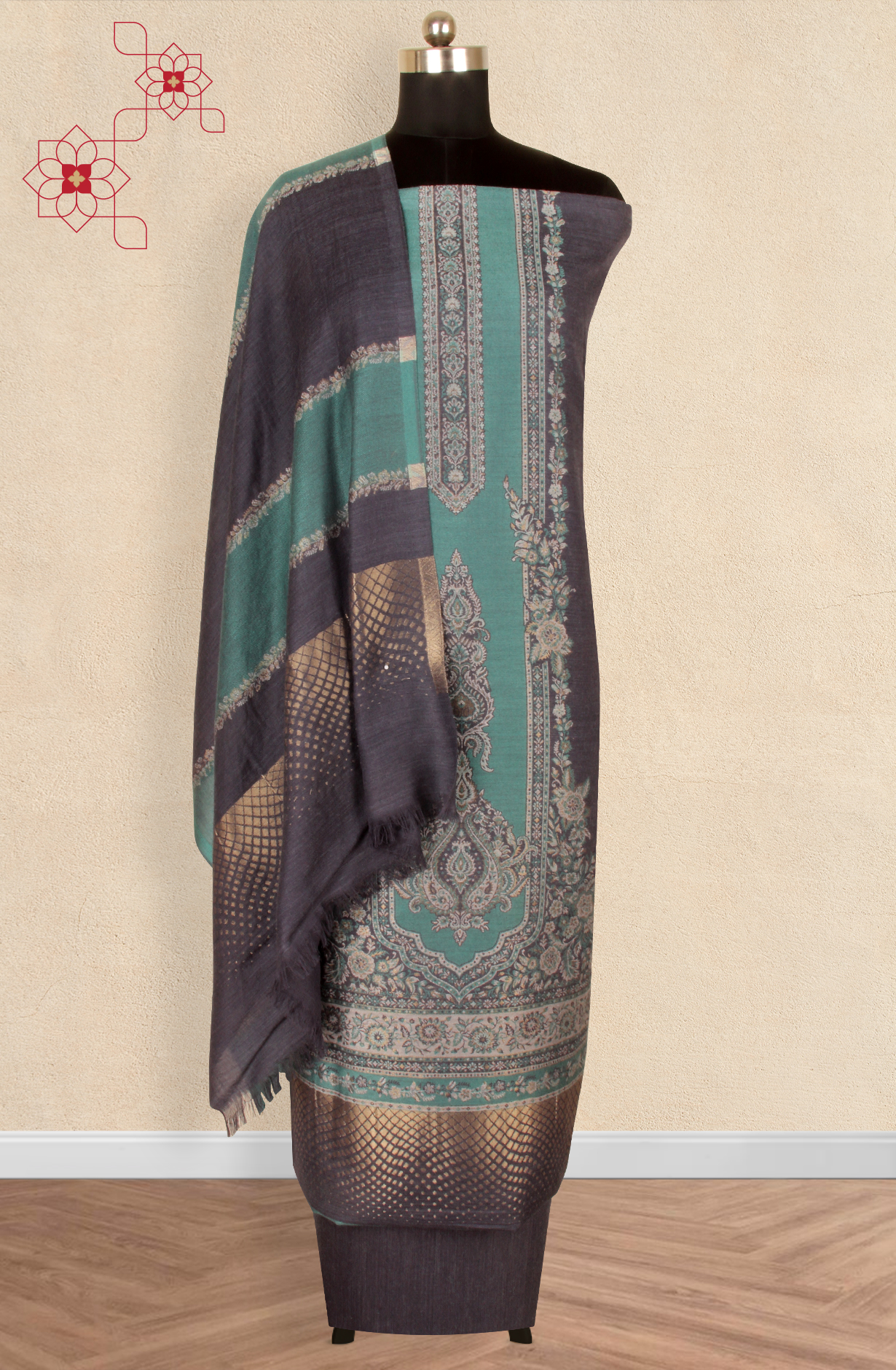Pastel Blue Pure Pashmina Unstitched Salwar Kameez with Stole Dupatta - PAS2028C