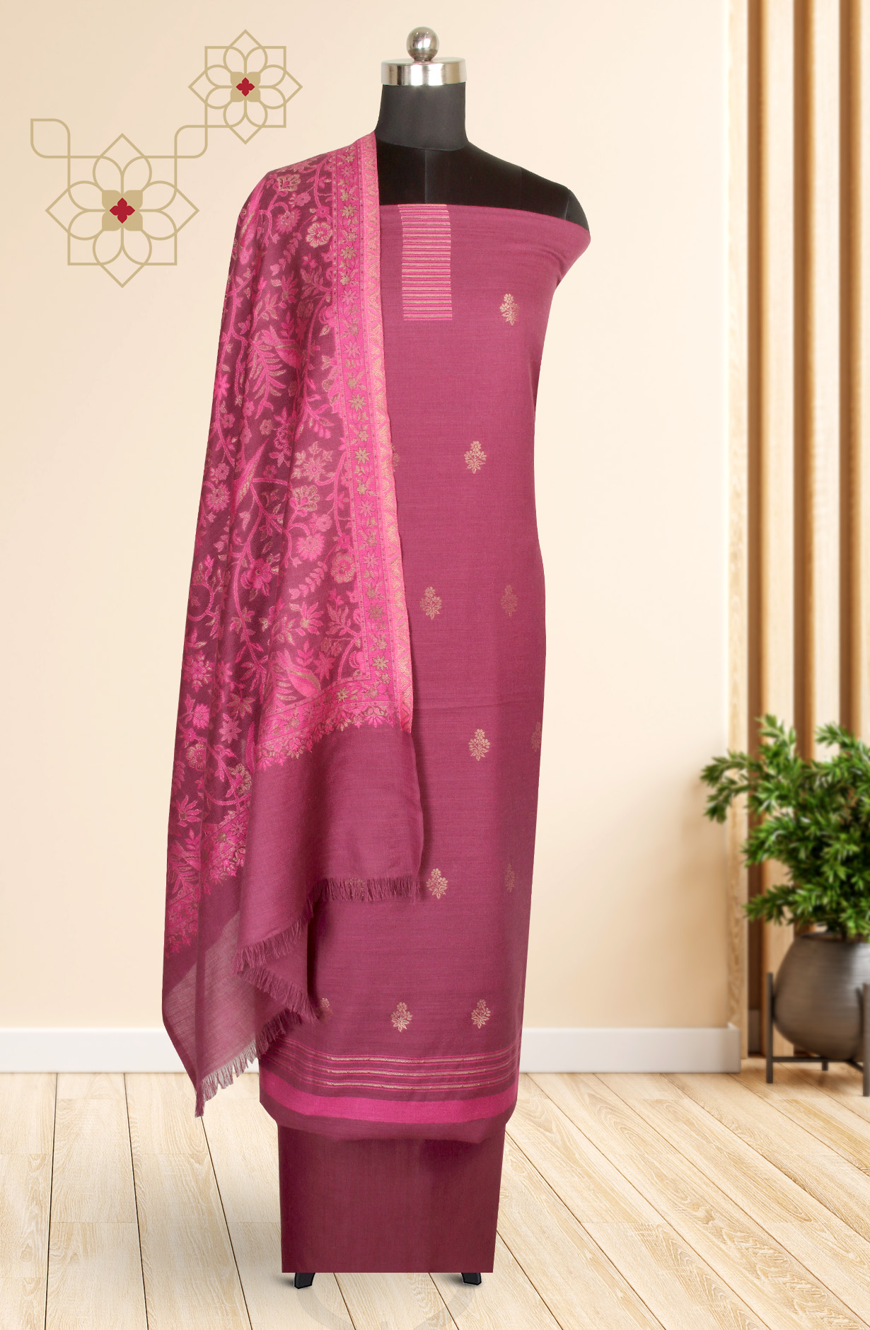 Magenta Pure Pashmina Unstitched Salwar Kameez with Stole Dupatta - PAS2029D