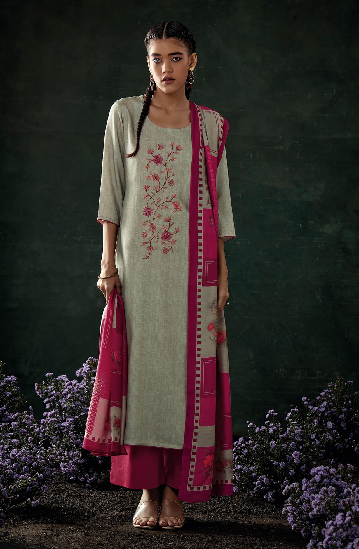 Pastel Grey Magenta Spun Winterwear Printed Unstitched Salwar Kameez - KEYS1174A