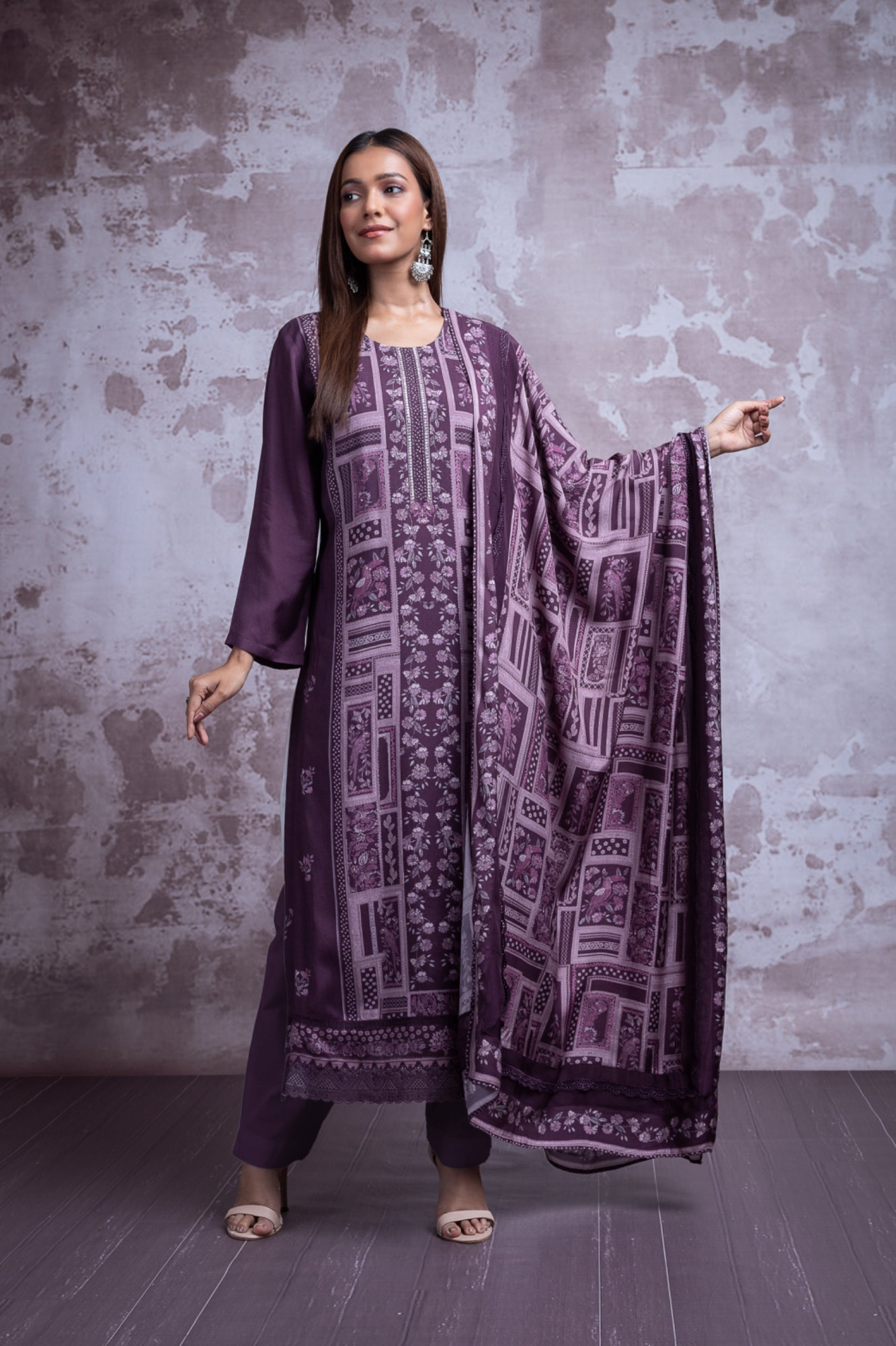 WINE Muslin Suit Set with Beautiful Dupatta - PAT2547A