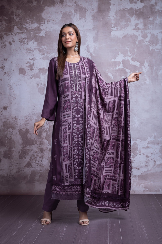Image of WINE Muslin Suit Set with Beautiful Dupatta - PAT2547A