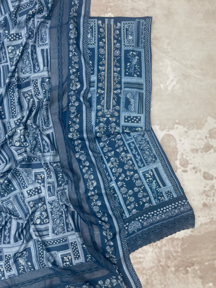 Image of BLUE Muslin Suit Set with Beautiful Dupatta - PAT2547B