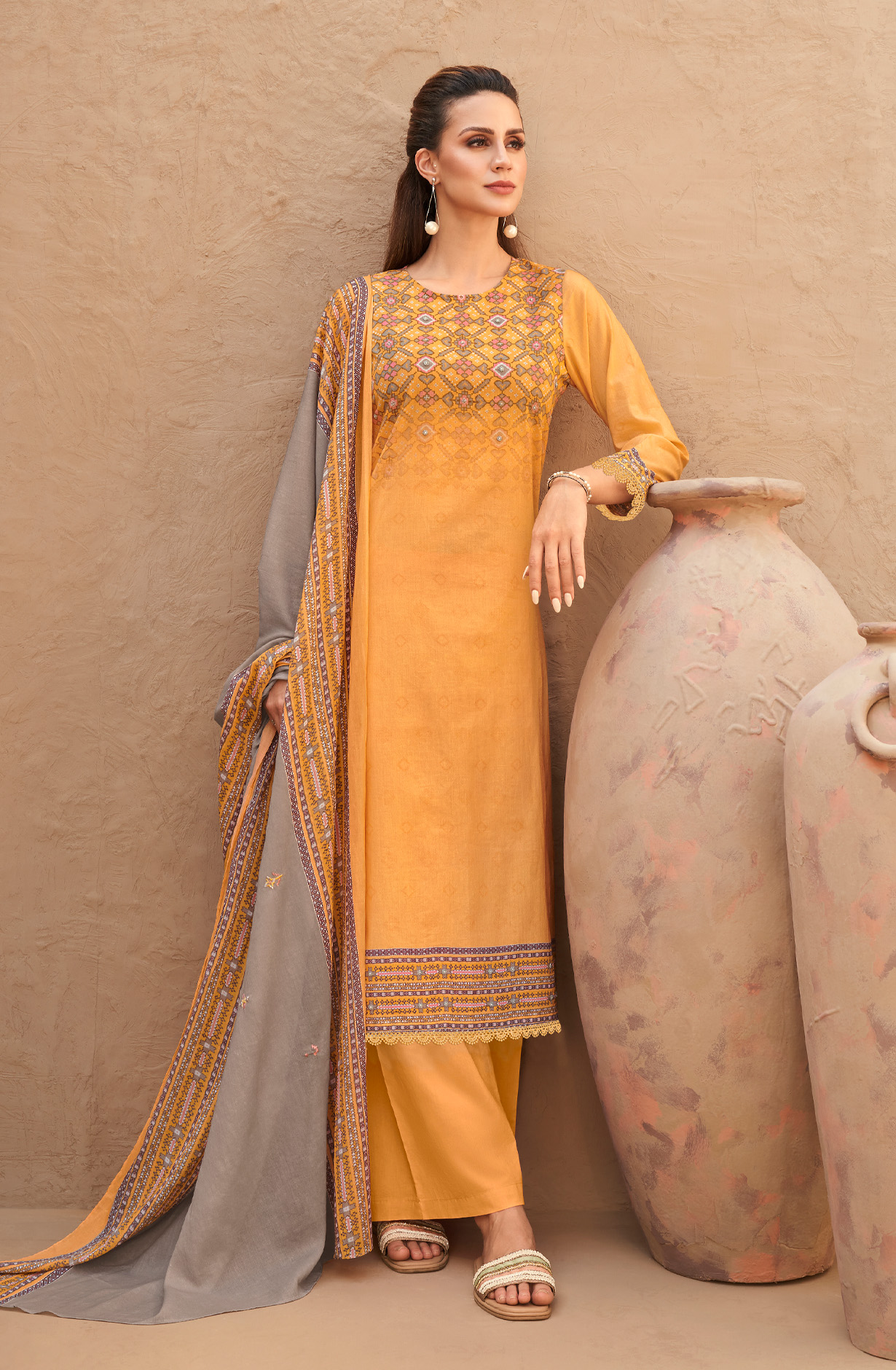 Yellow Cotton Lawn Digital Printed Unstitched Salwar Kameez - PAT742