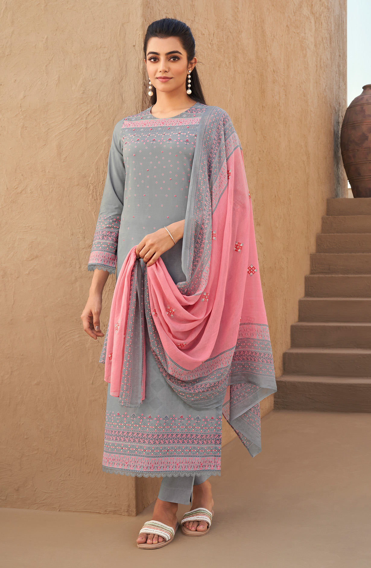 Grey Cotton Lawn Digital Printed Unstitched Salwar Kameez - PAT762