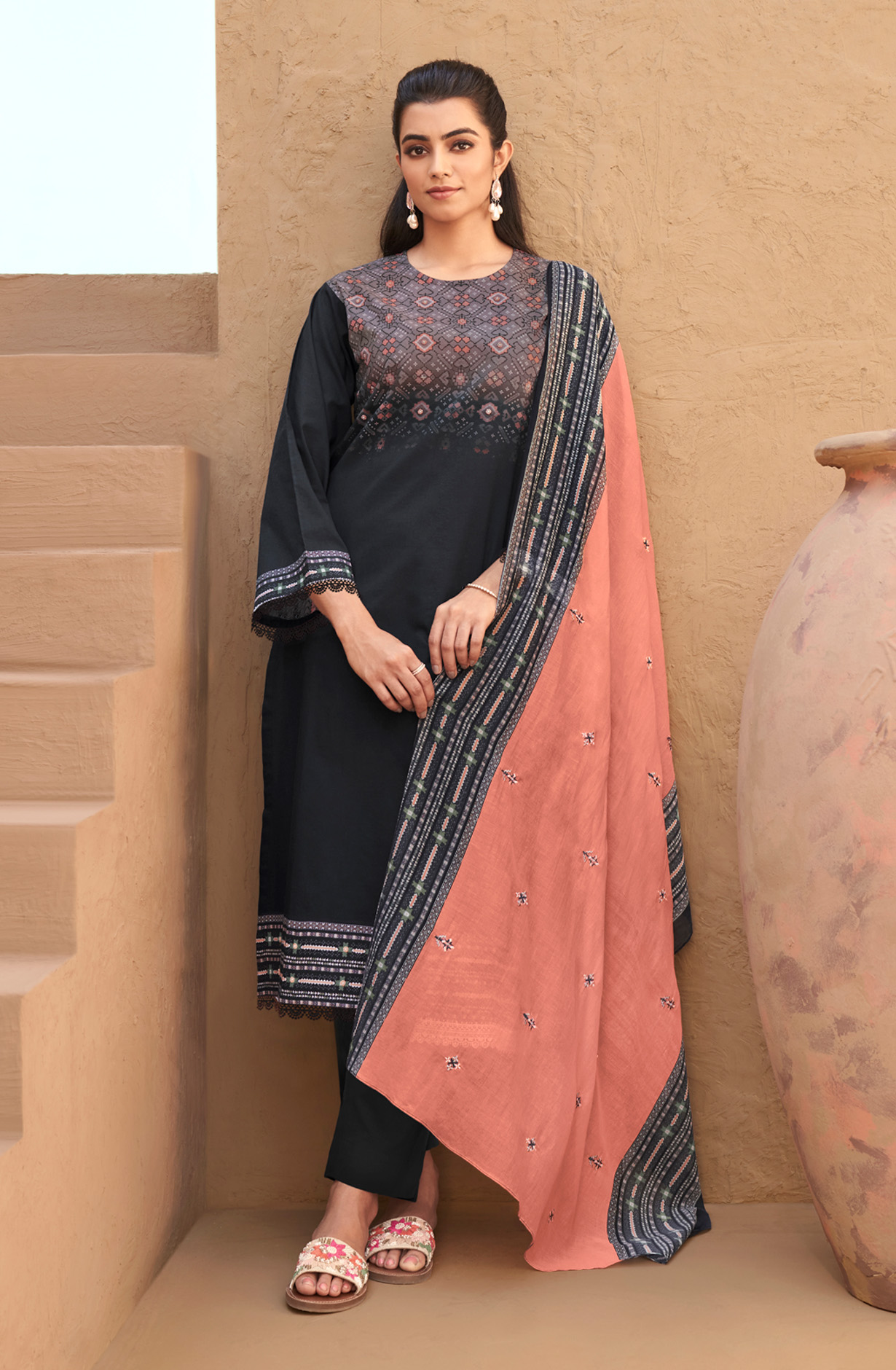 Black Cotton Lawn Digital Printed Unstitched Salwar Kameez - PAT772