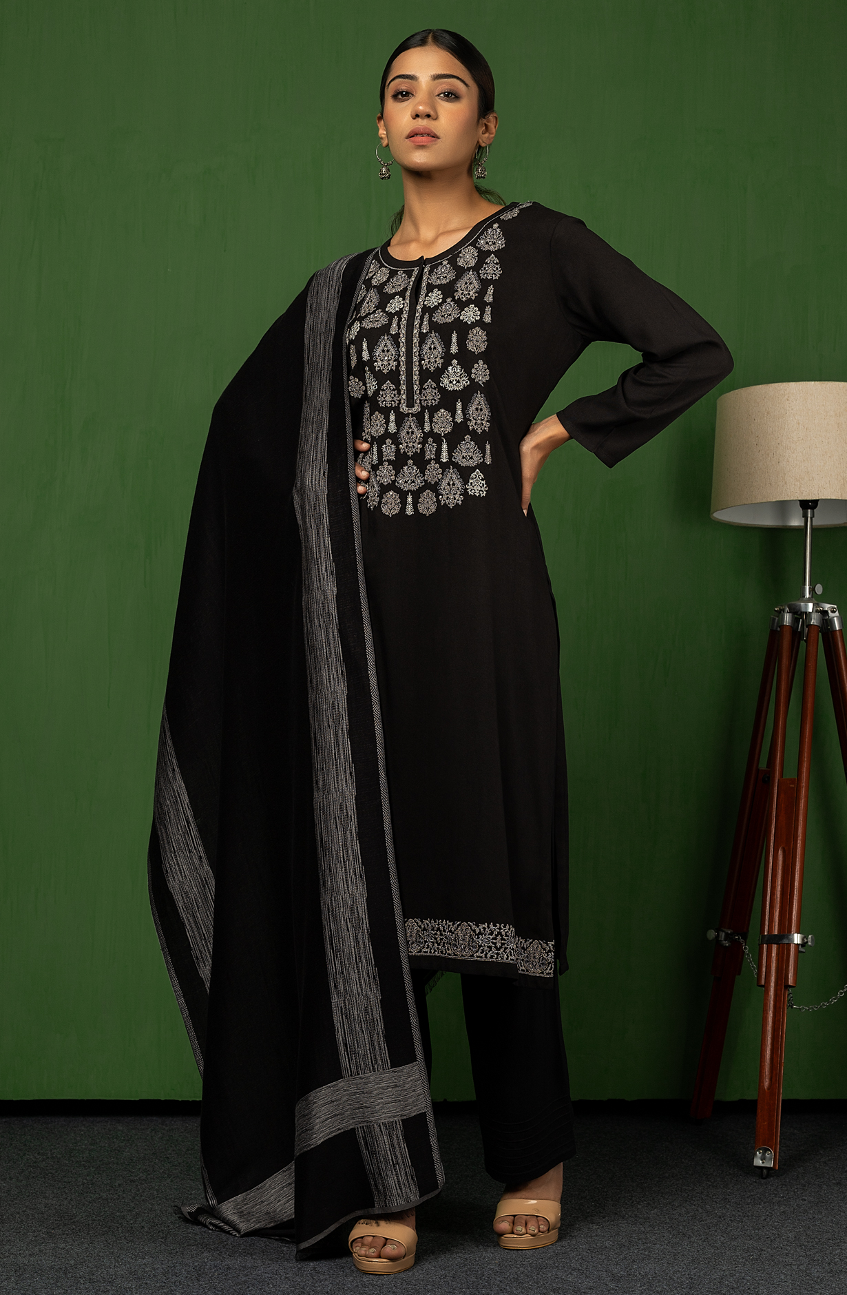 Black Pure Pashmina Unstitched Salwar Suit with Stole Dupatta - PAY1631A