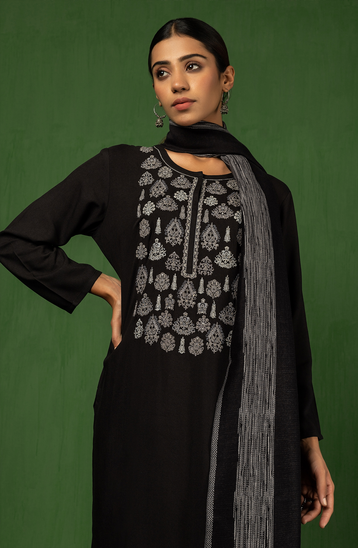 Black Pure Pashmina Unstitched Salwar Suit with Stole Dupatta - PAY1631A