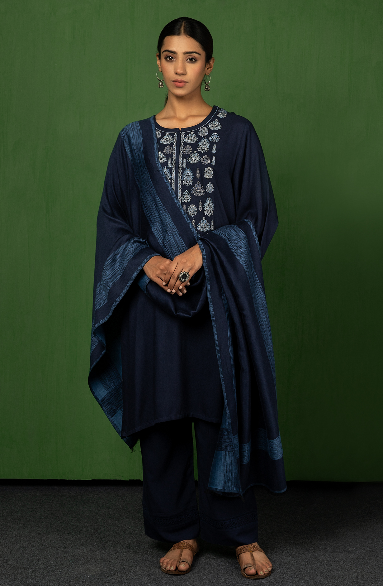 Blue Pure Pashmina Unstitched Salwar Suit with Stole Dupatta - PAY1631B