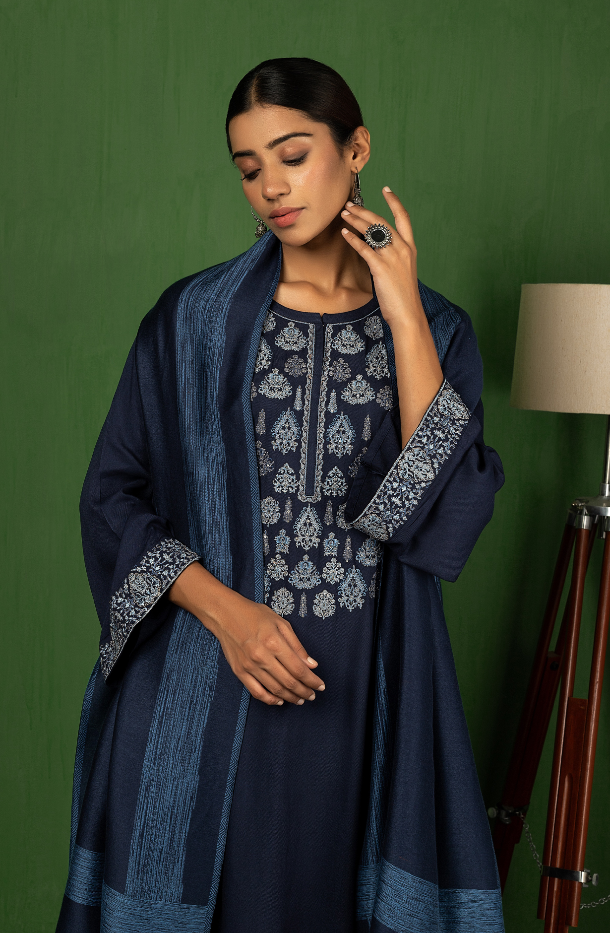 Blue Pure Pashmina Unstitched Salwar Suit with Stole Dupatta - PAY1631B