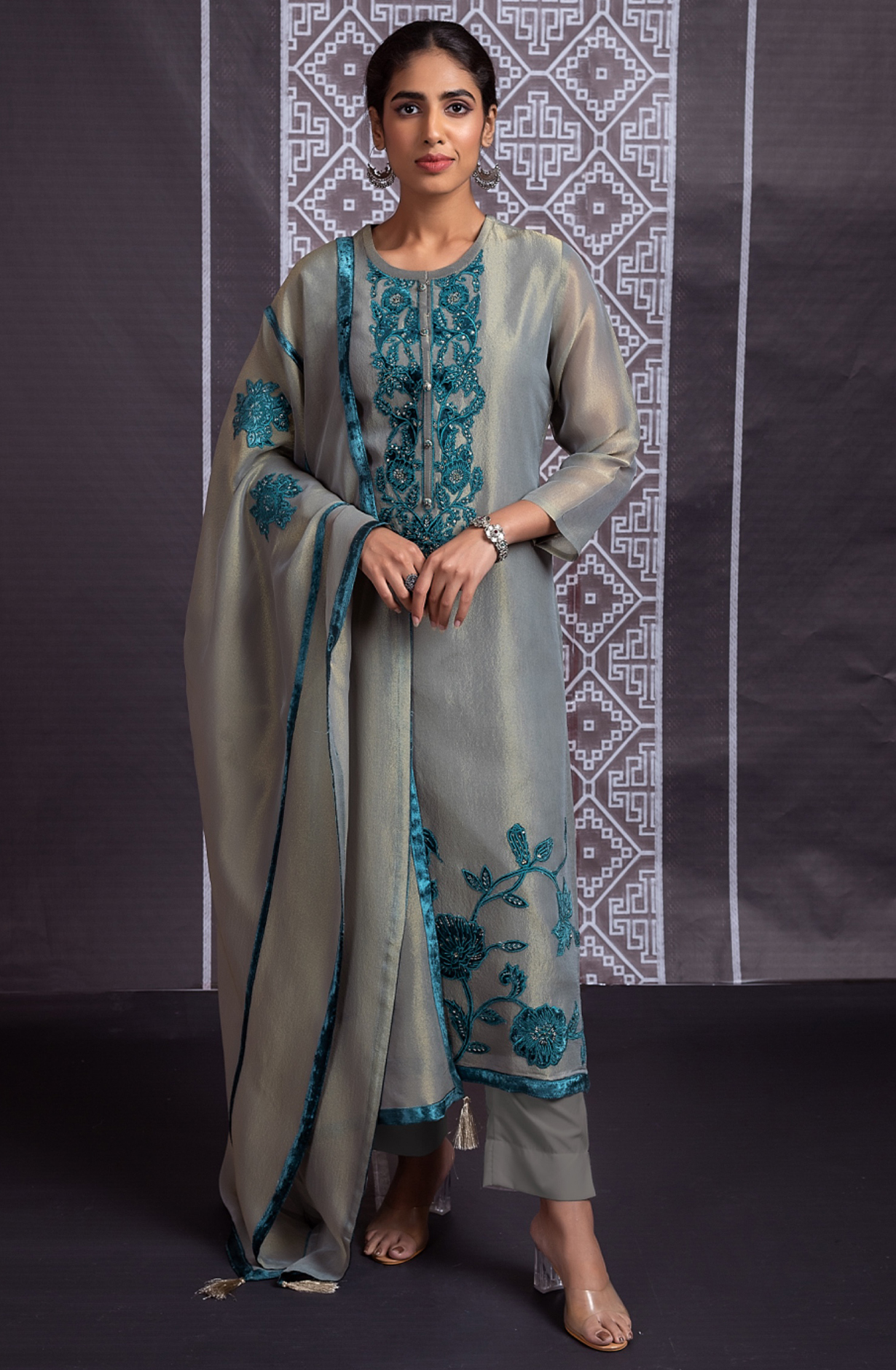 Firozi Tissue Silk Unstitched Suit with Velvet Embroidery Work - PER2278A