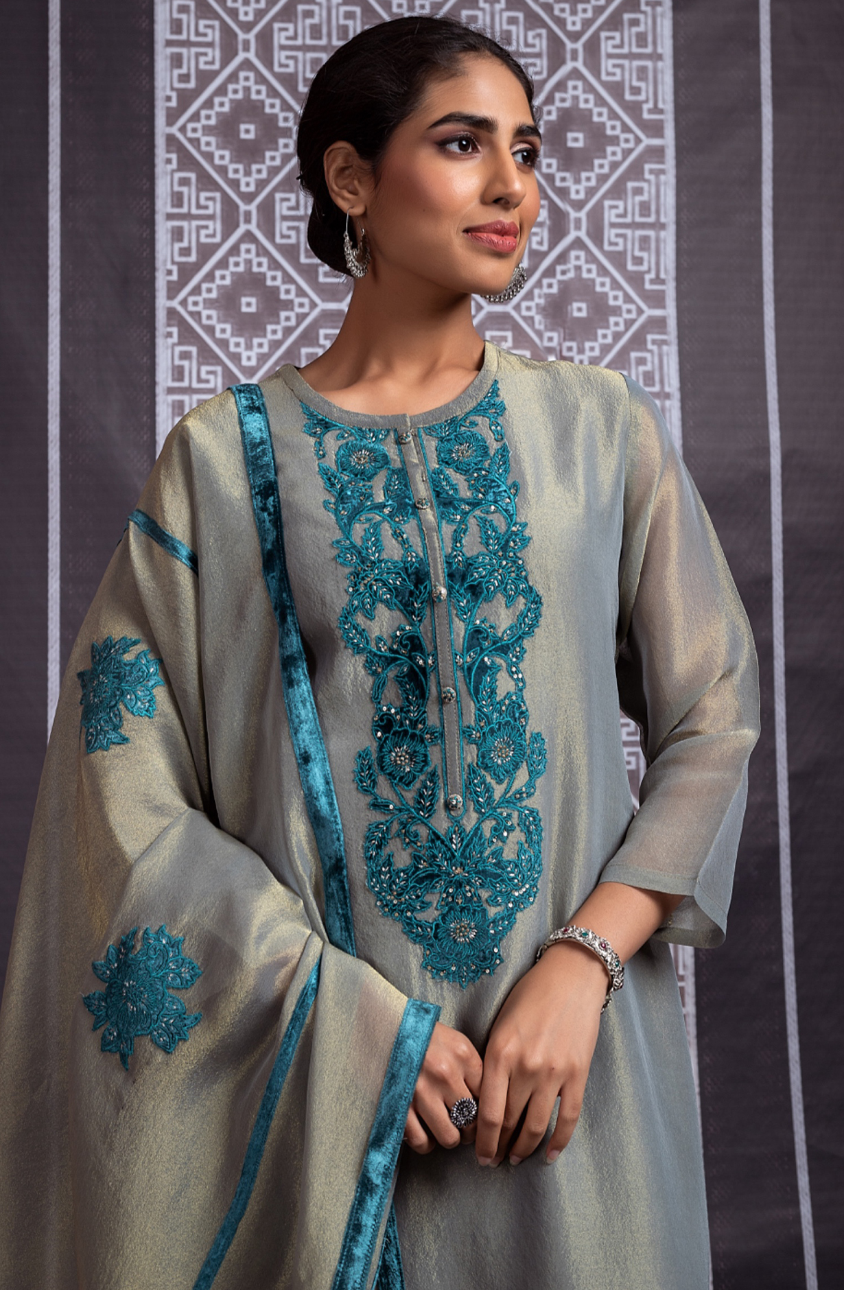 Firozi Tissue Silk Unstitched Suit with Velvet Embroidery Work - PER2278A