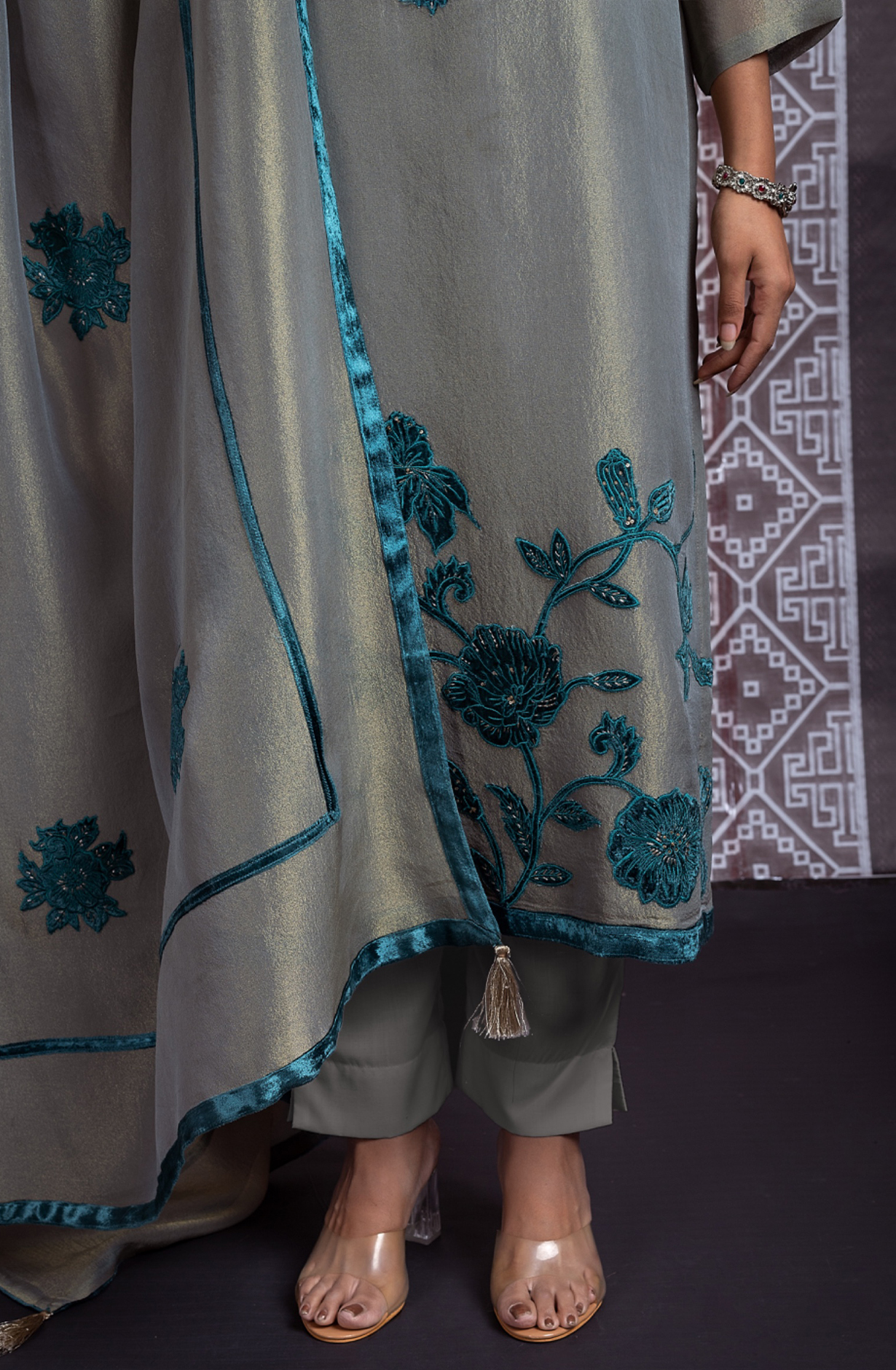 Firozi Tissue Silk Unstitched Suit with Velvet Embroidery Work - PER2278A