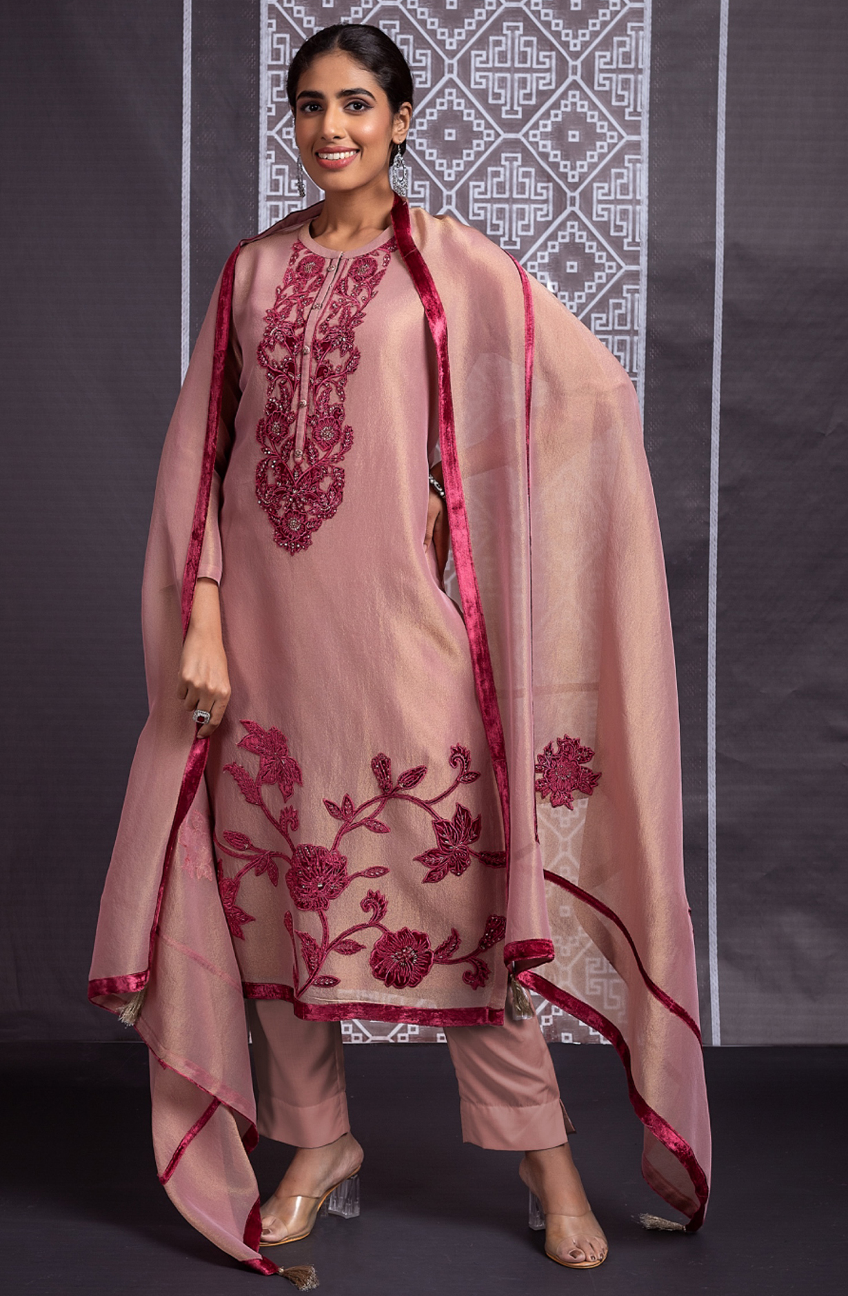 Pink Tissue Silk Unstitched Suit with Velvet Embroidery Work - PER2278B