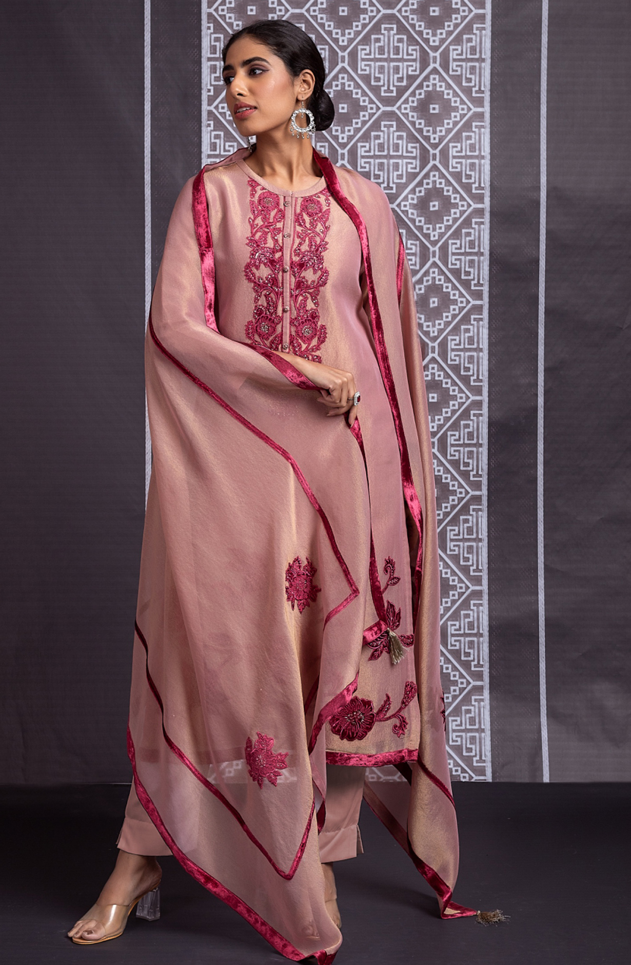Pink Tissue Silk Unstitched Suit with Velvet Embroidery Work - PER2278B