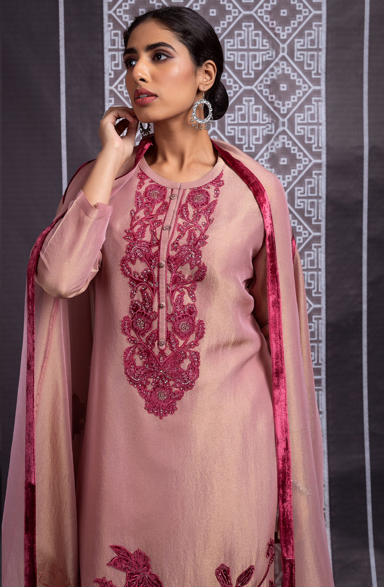 Pink Tissue Silk Unstitched Suit with Velvet Embroidery Work - PER2278B