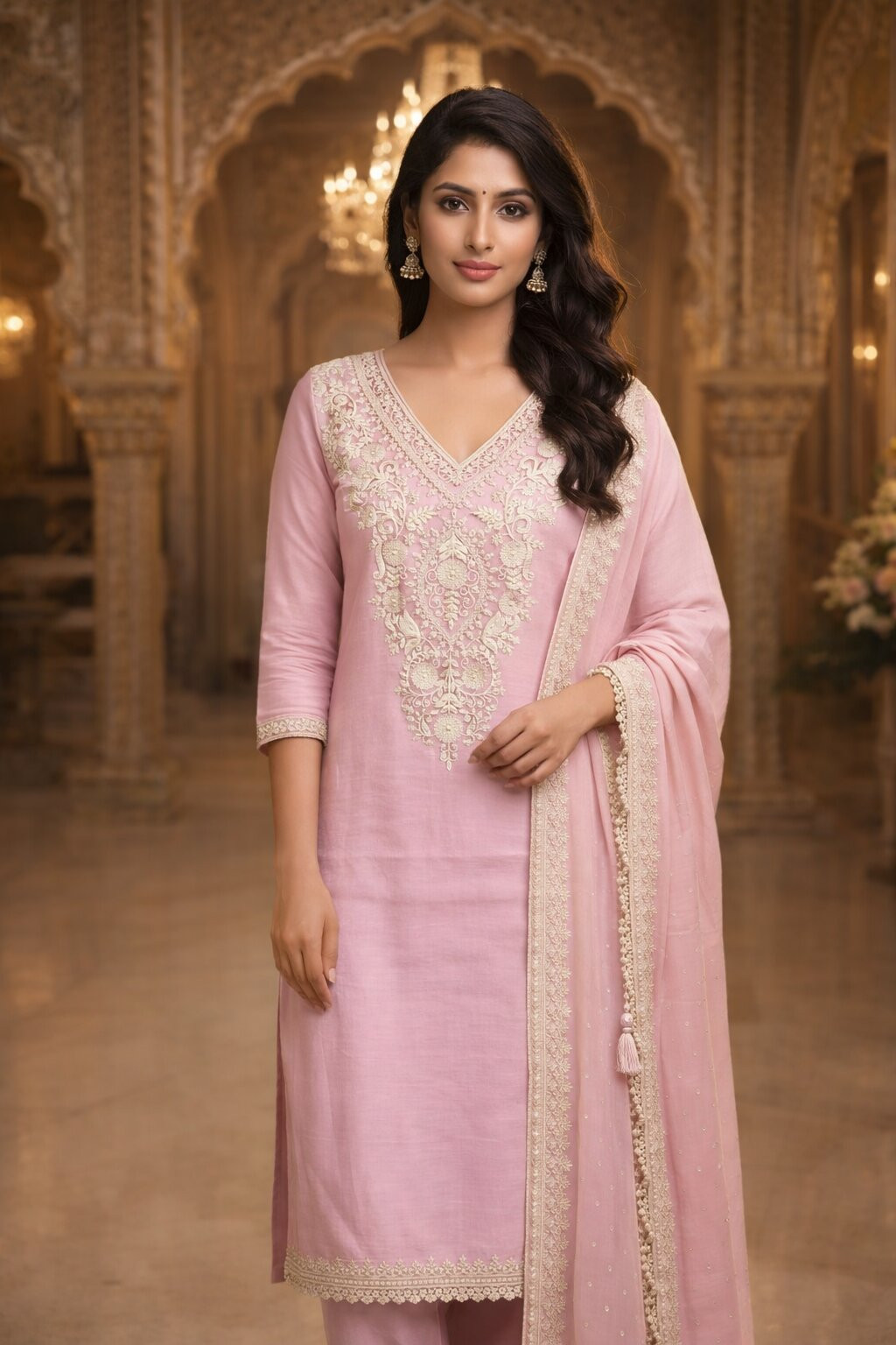 Pink Mul Chanderi Beautiful Suit Set with Dupatta - 117-9148B