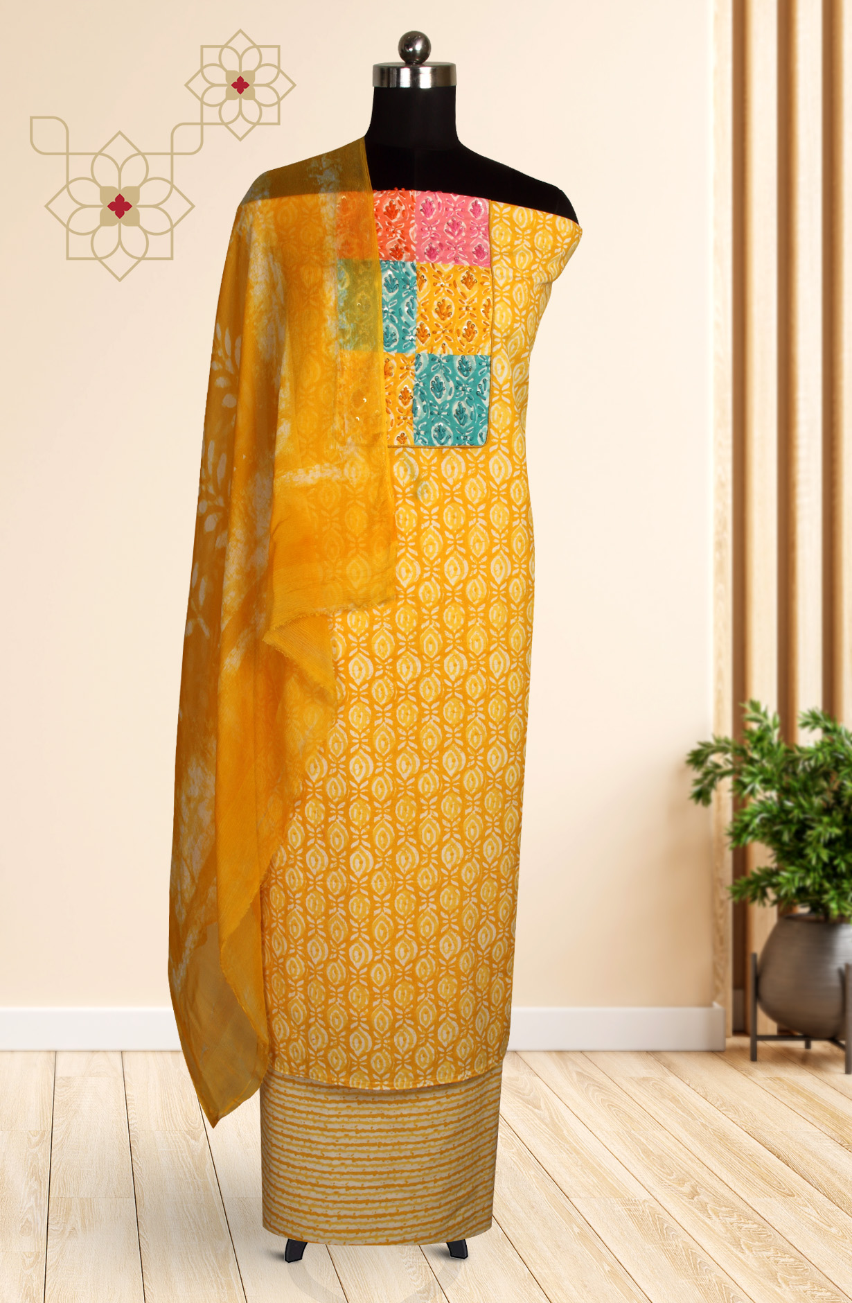 Yellow Cotton Printed Unstitched Dress Material with Chiffon Dupatta - PETCHWORK-2A