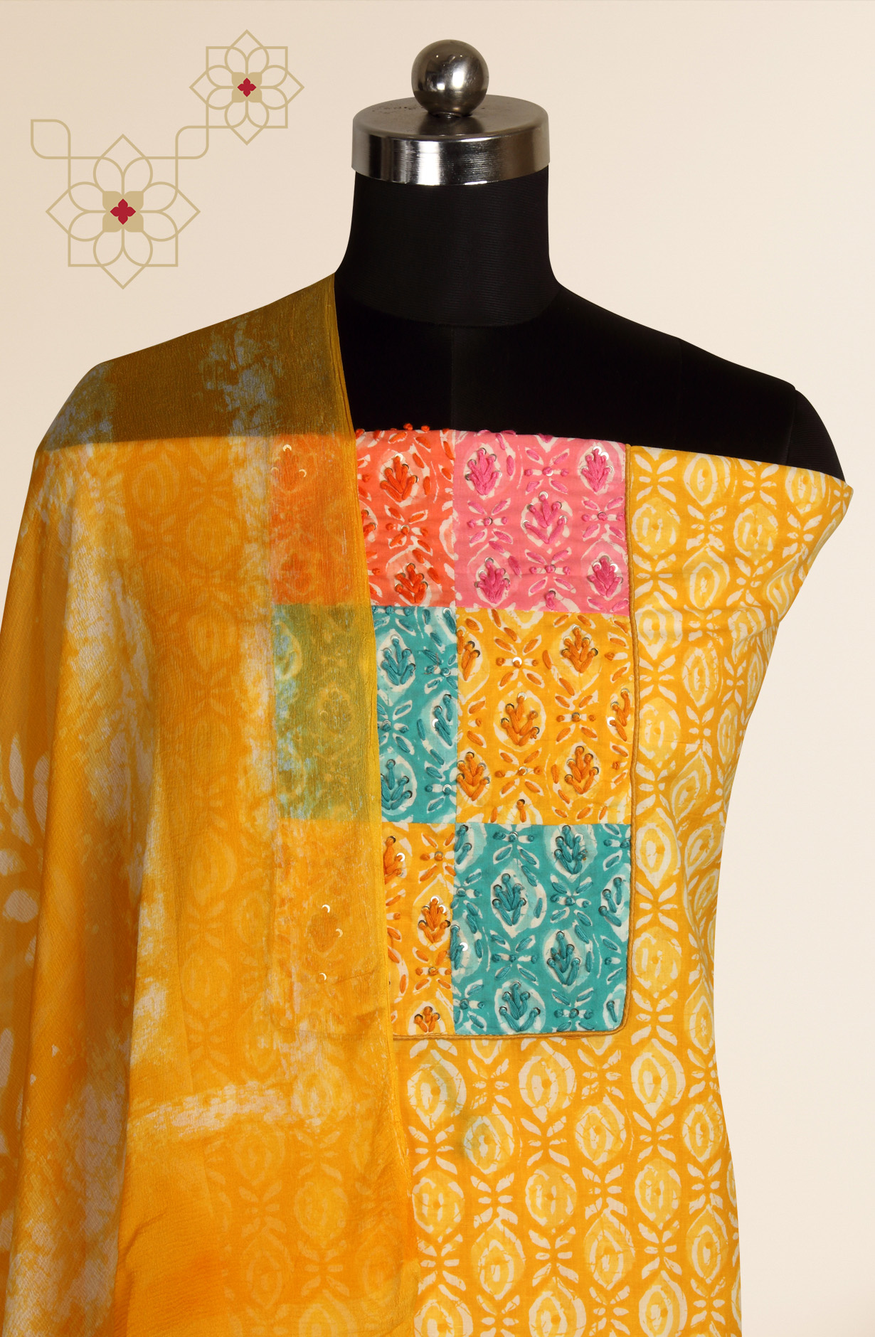 Yellow Cotton Printed Unstitched Dress Material with Chiffon Dupatta - PETCHWORK-2A