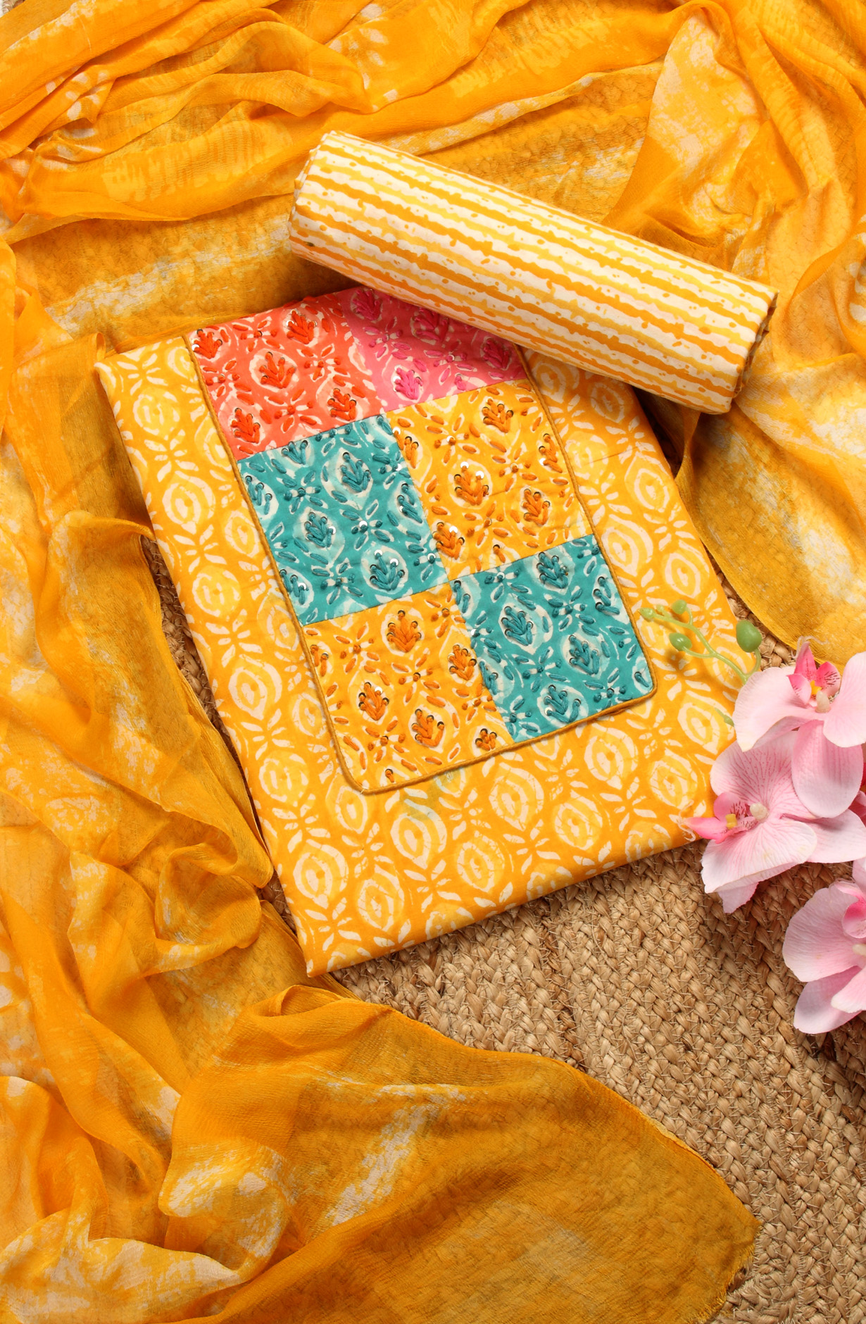 Yellow Cotton Printed Unstitched Dress Material with Chiffon Dupatta - PETCHWORK-2A