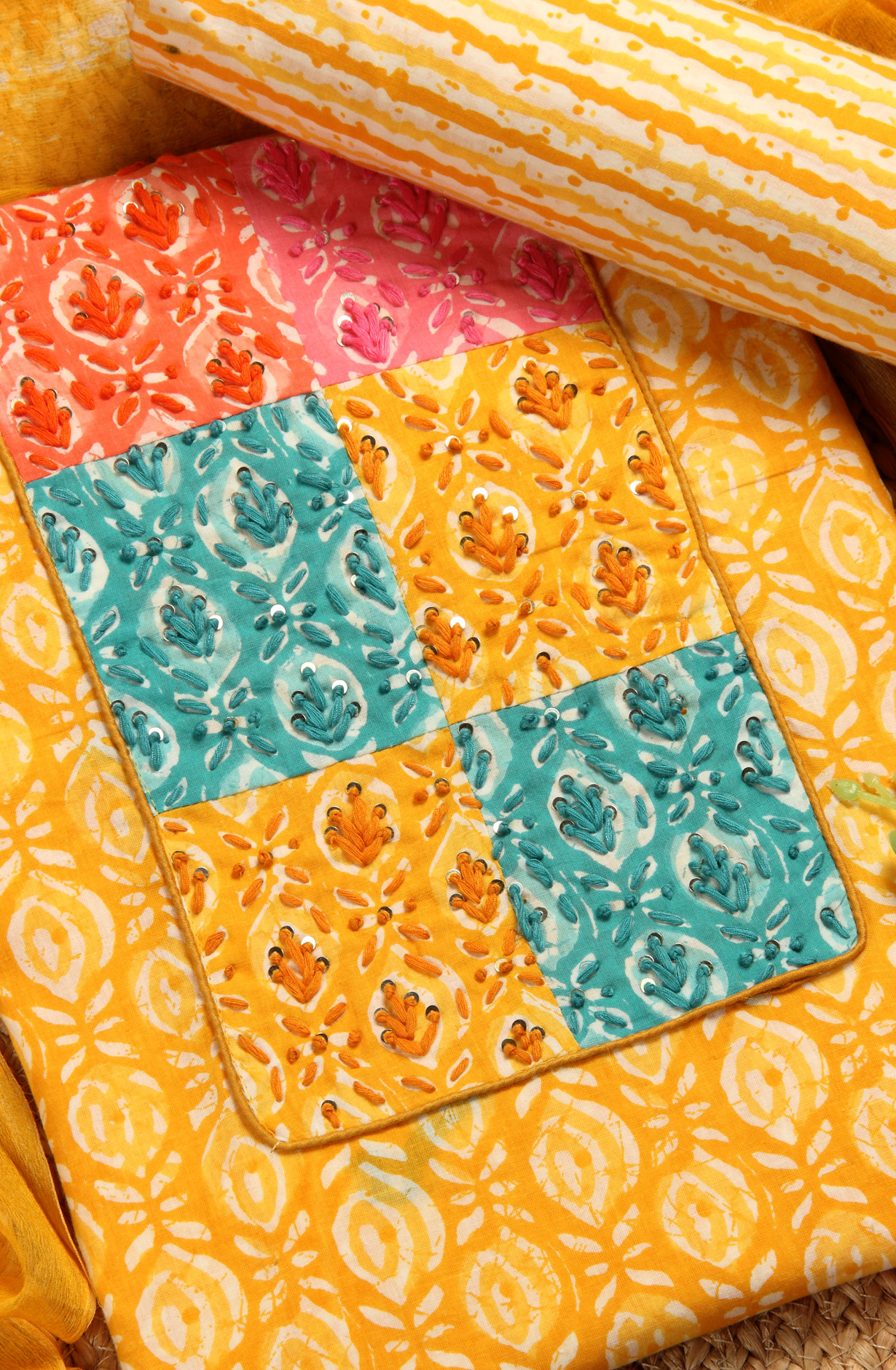 Yellow Cotton Printed Unstitched Dress Material with Chiffon Dupatta - PETCHWORK-2A