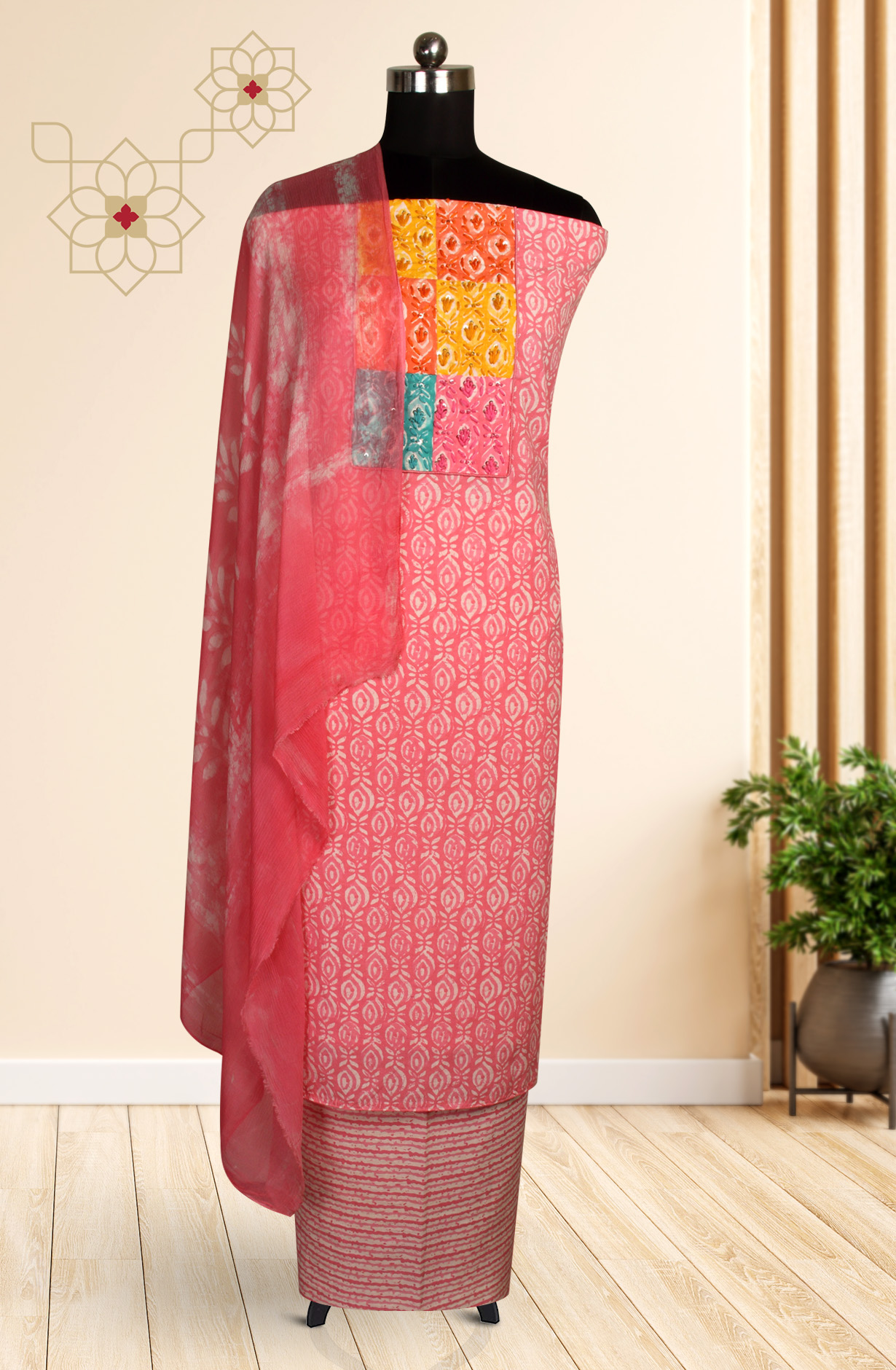 Pink Cotton Printed Unstitched Dress Material with Chiffon Dupatta - PETCHWORK-2D