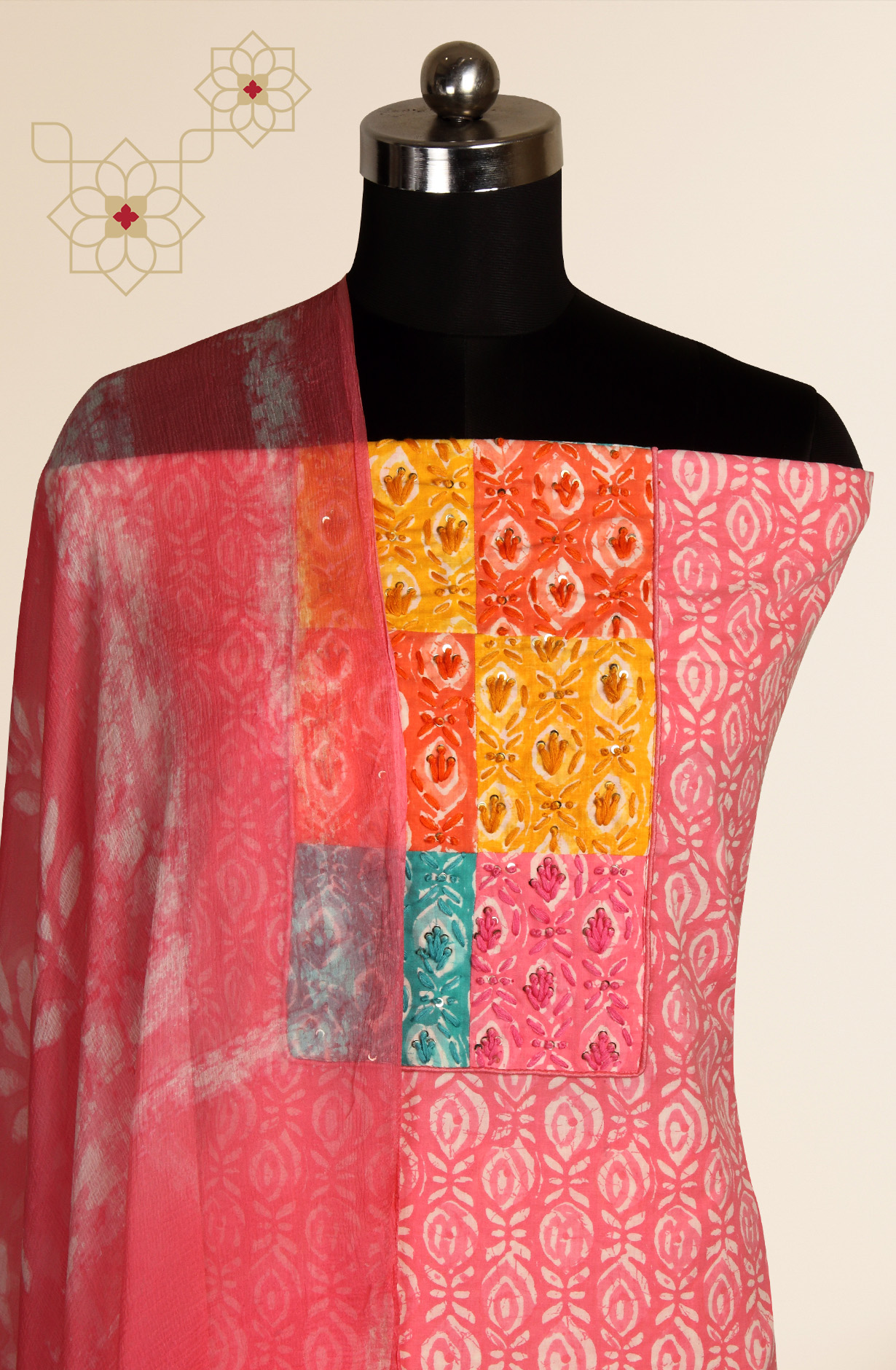 Pink Cotton Printed Unstitched Dress Material with Chiffon Dupatta - PETCHWORK-2D