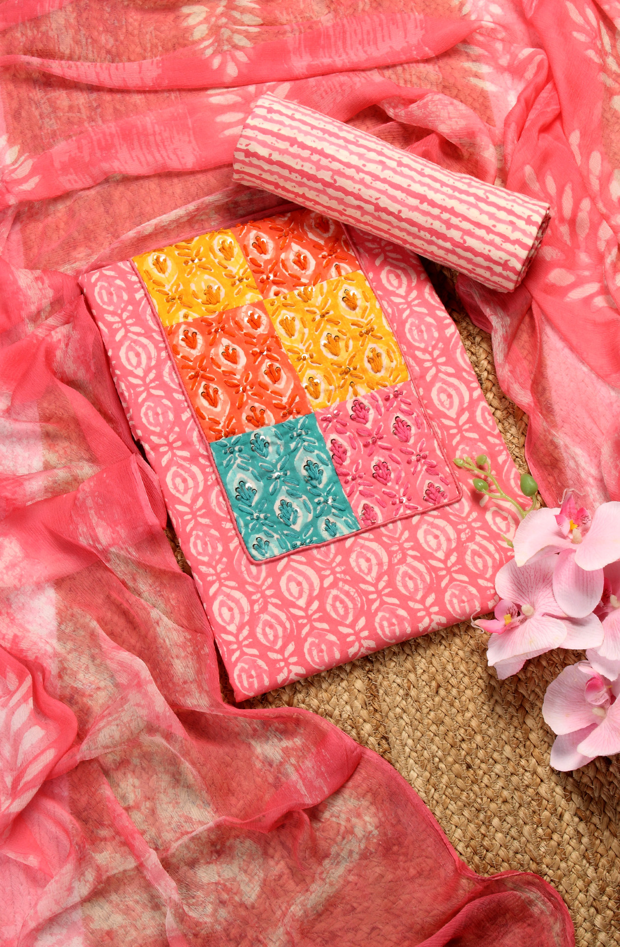 Pink Cotton Printed Unstitched Dress Material with Chiffon Dupatta - PETCHWORK-2D