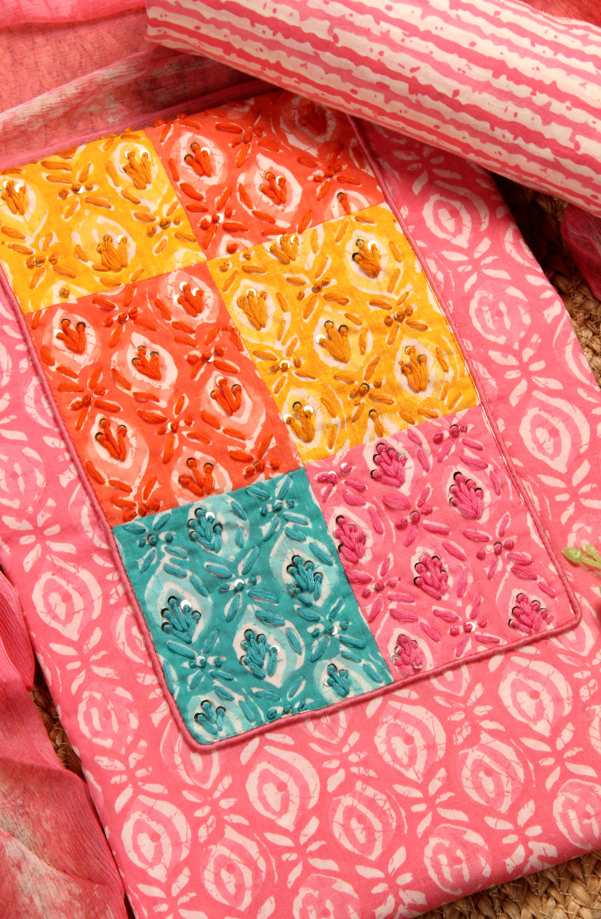 Pink Cotton Printed Unstitched Dress Material with Chiffon Dupatta - PETCHWORK-2D