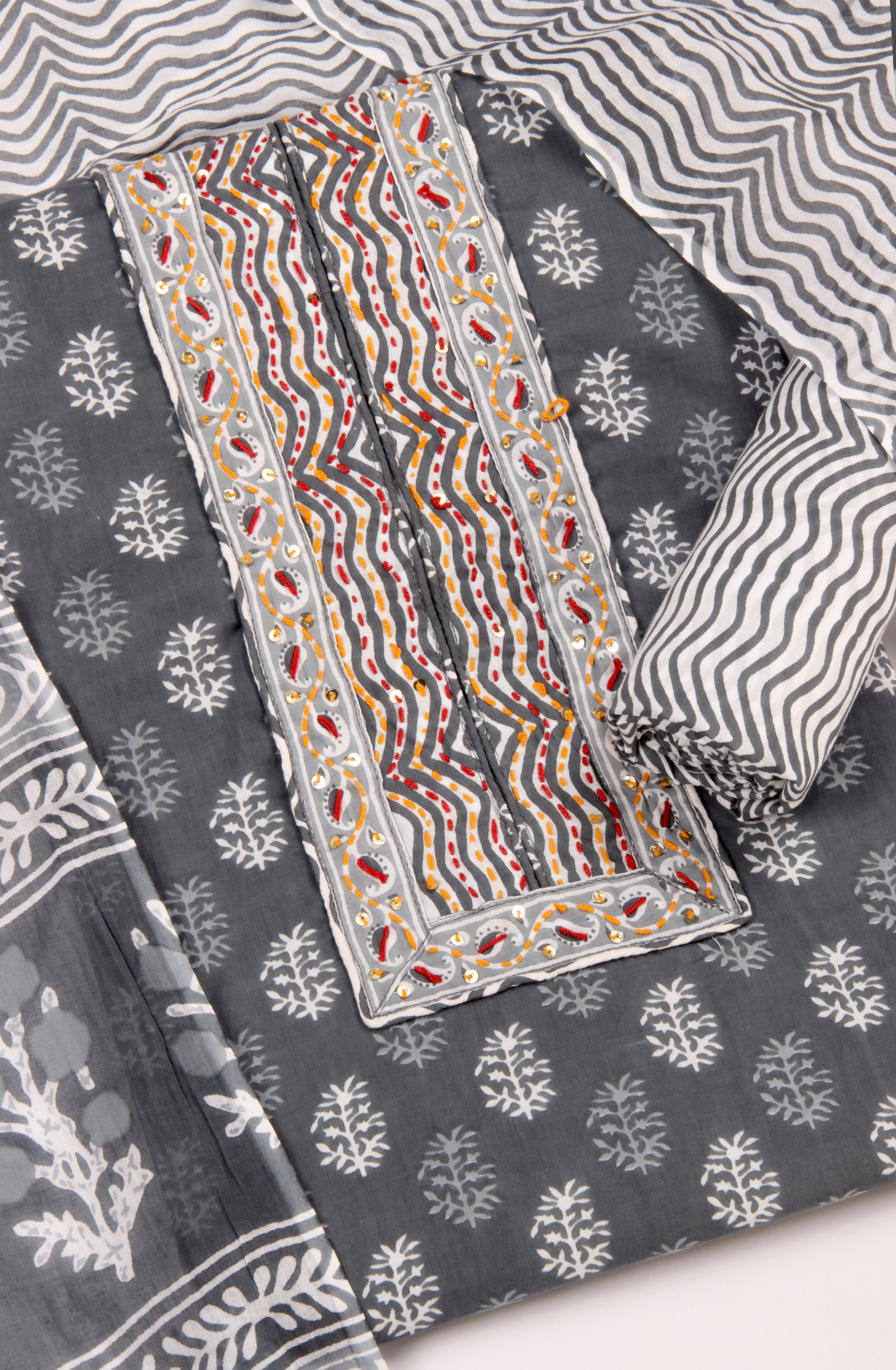 Grey Cotton Printed Salwar Kameez with Dupatta - PFSCOT1213-6A