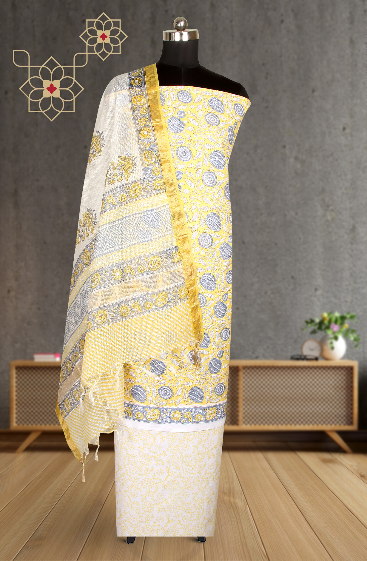 Yellow Printed Unstitched Cotton Dress Material - PFSCOT1011-1A