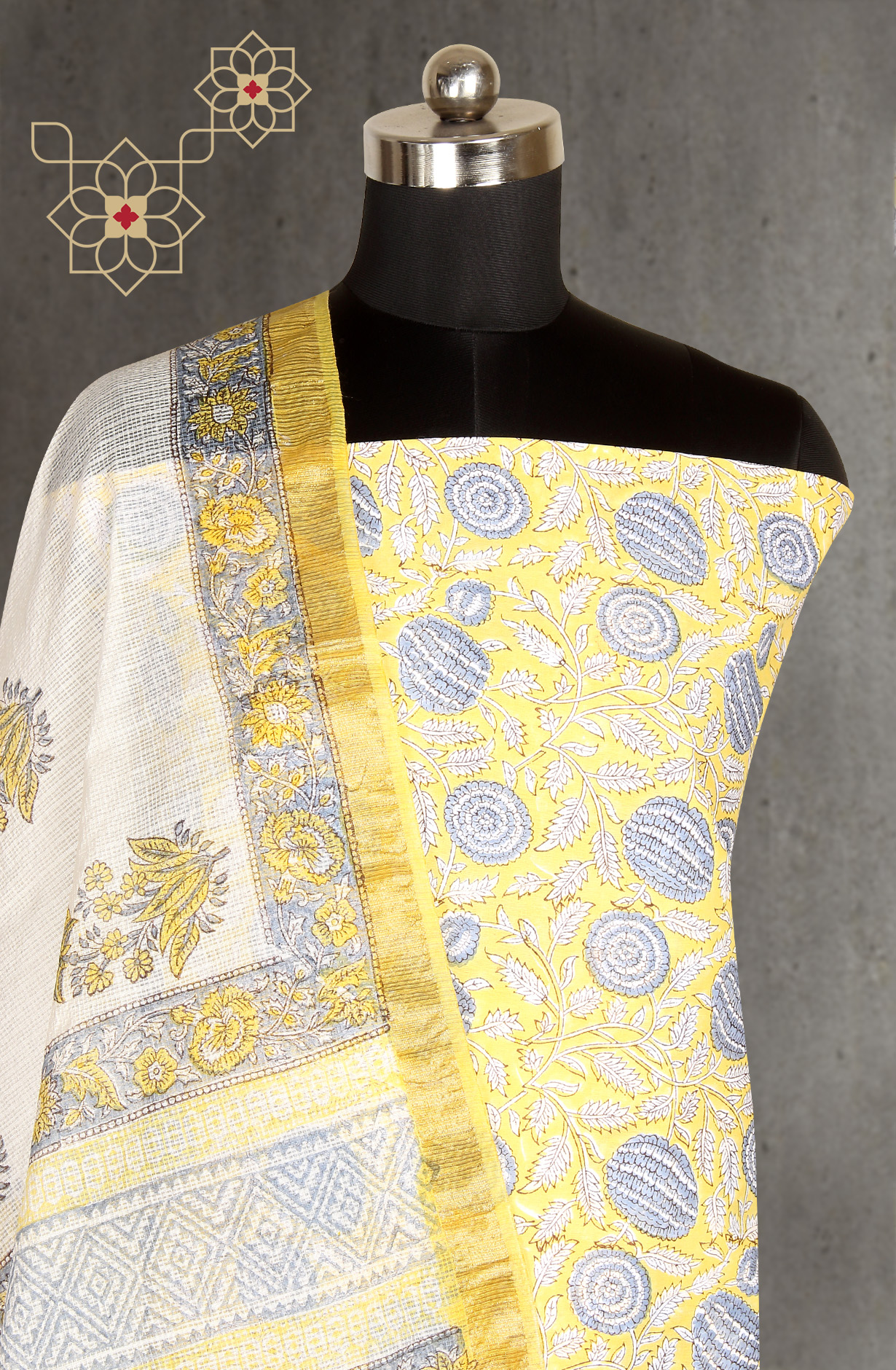 Yellow Printed Unstitched Cotton Dress Material - PFSCOT1011-1A