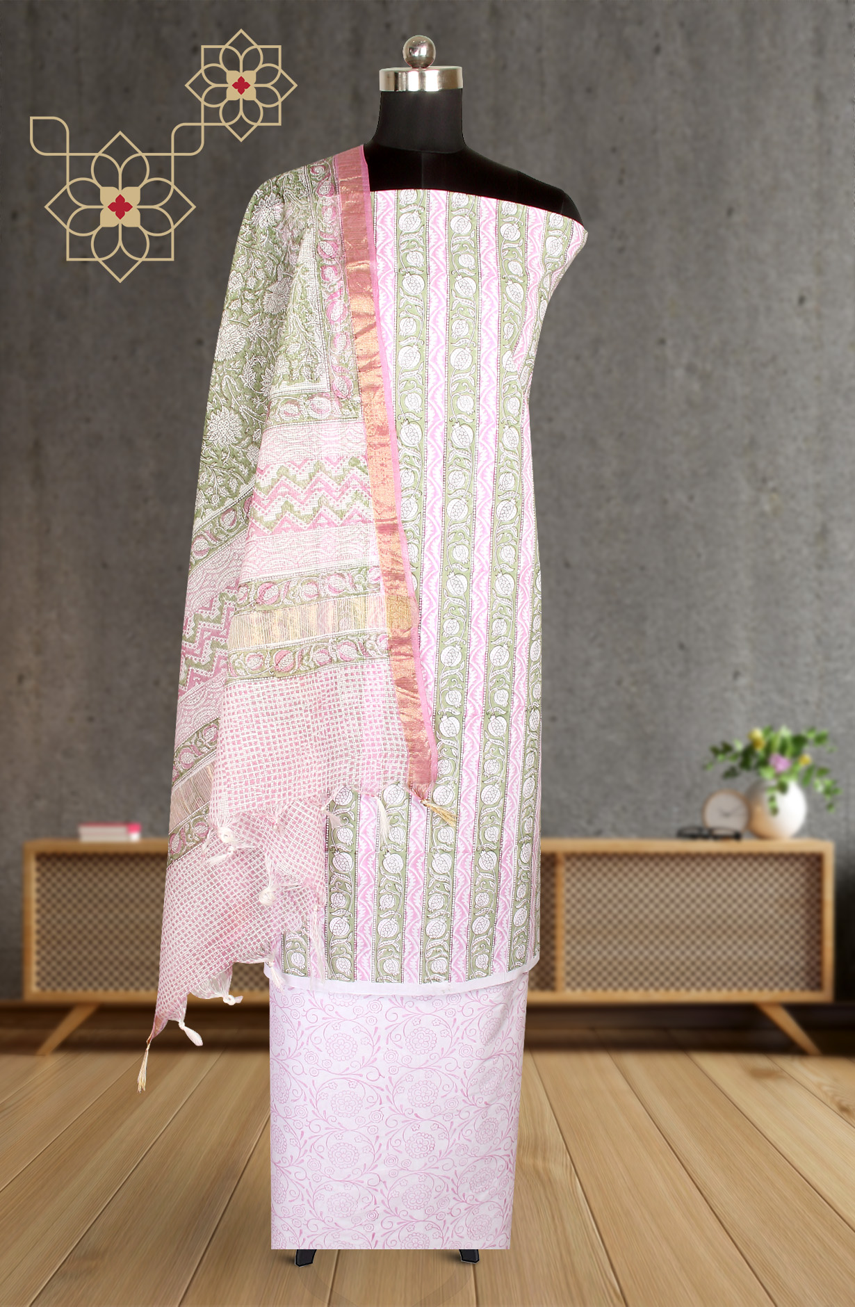 Baby Pink Printed Unstitched Cotton Dress Material - PFSCOT1011-2B