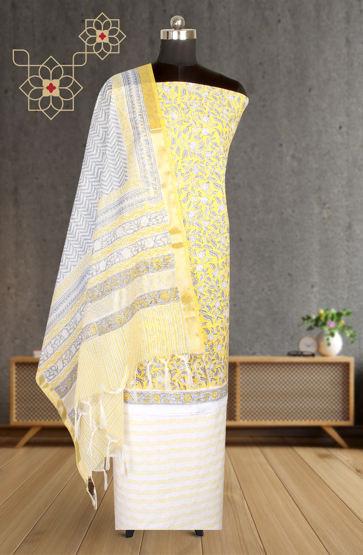 Yellow Printed Unstitched Cotton Dress Material - PFSCOT1011-3B