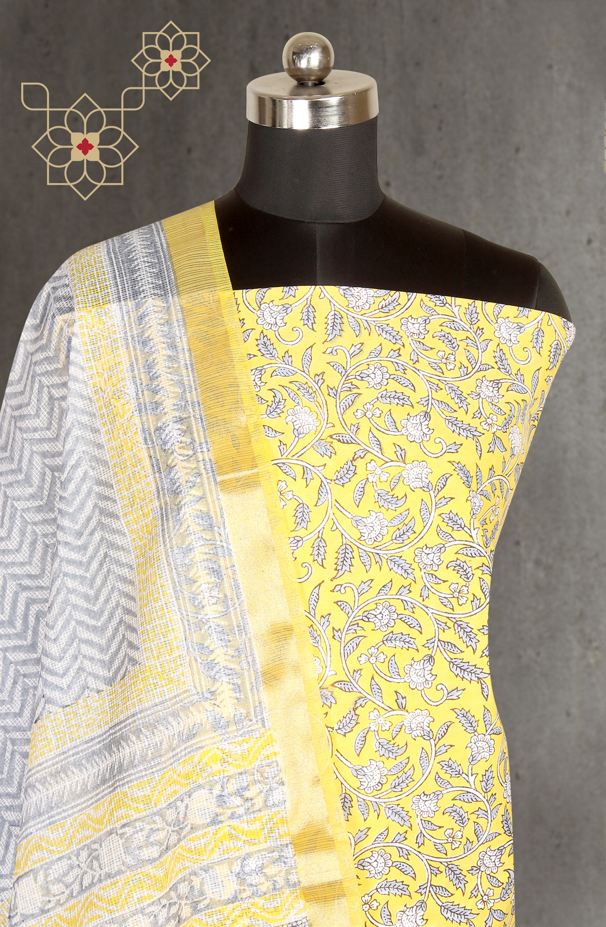 Yellow Printed Unstitched Cotton Dress Material - PFSCOT1011-3B