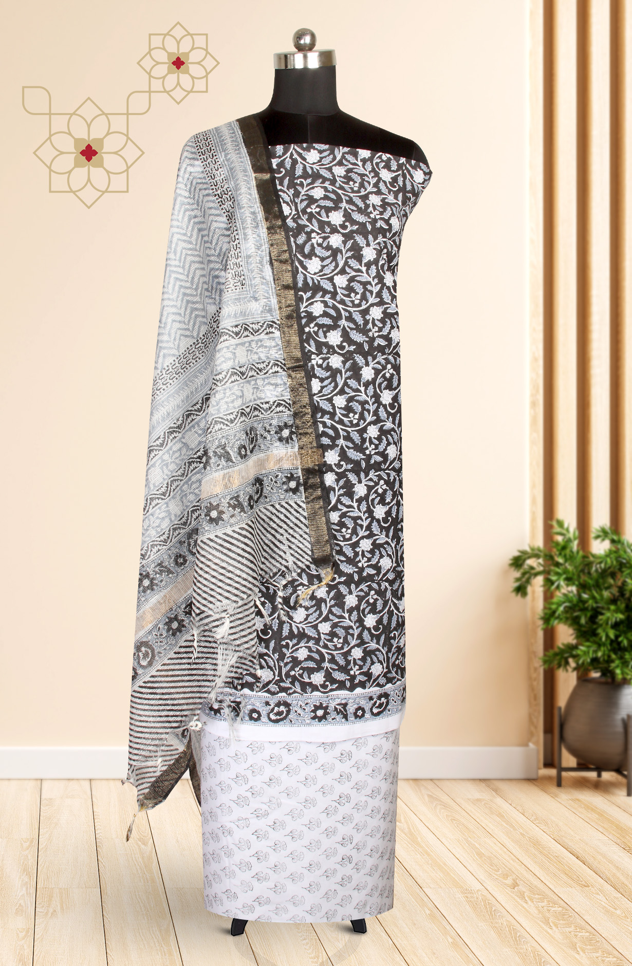 Black Printed Unstitched Cotton Dress Material - PFSCOT1011-3C