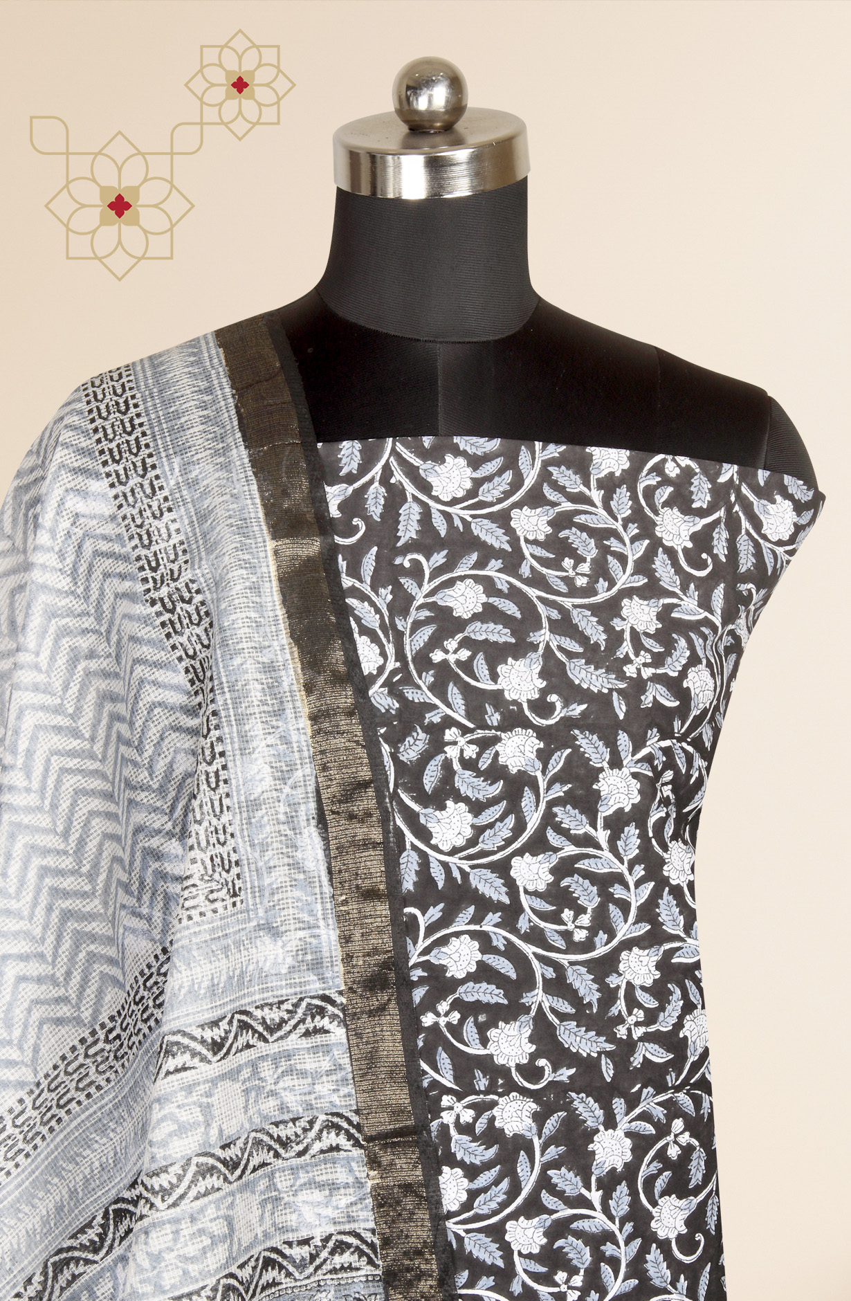 Black Printed Unstitched Cotton Dress Material - PFSCOT1011-3C