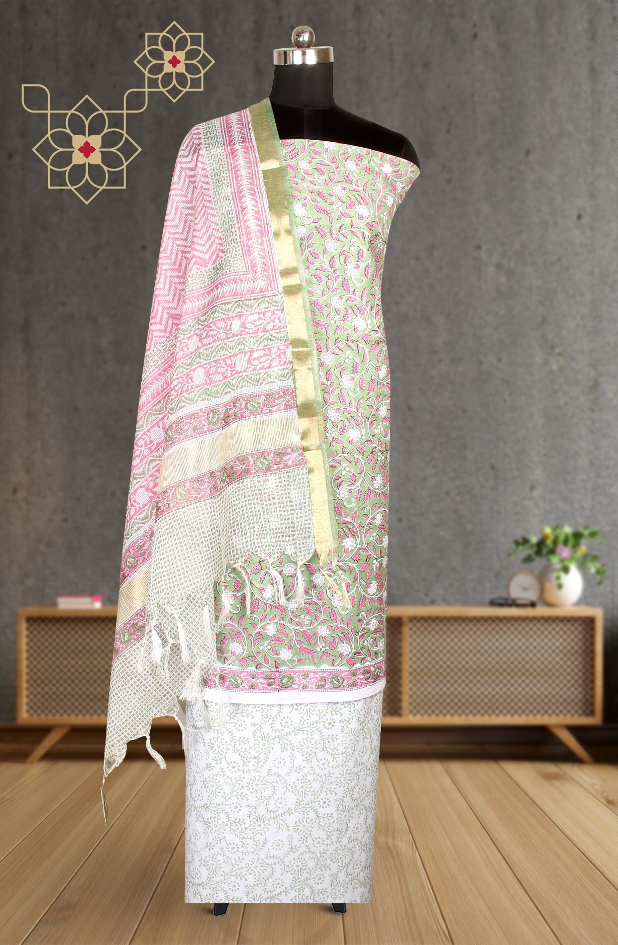 Green Printed Unstitched Cotton Dress Material - PFSCOT1011-3E