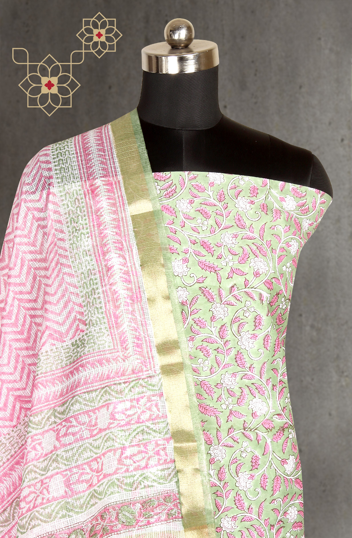 Green Printed Unstitched Cotton Dress Material - PFSCOT1011-3E