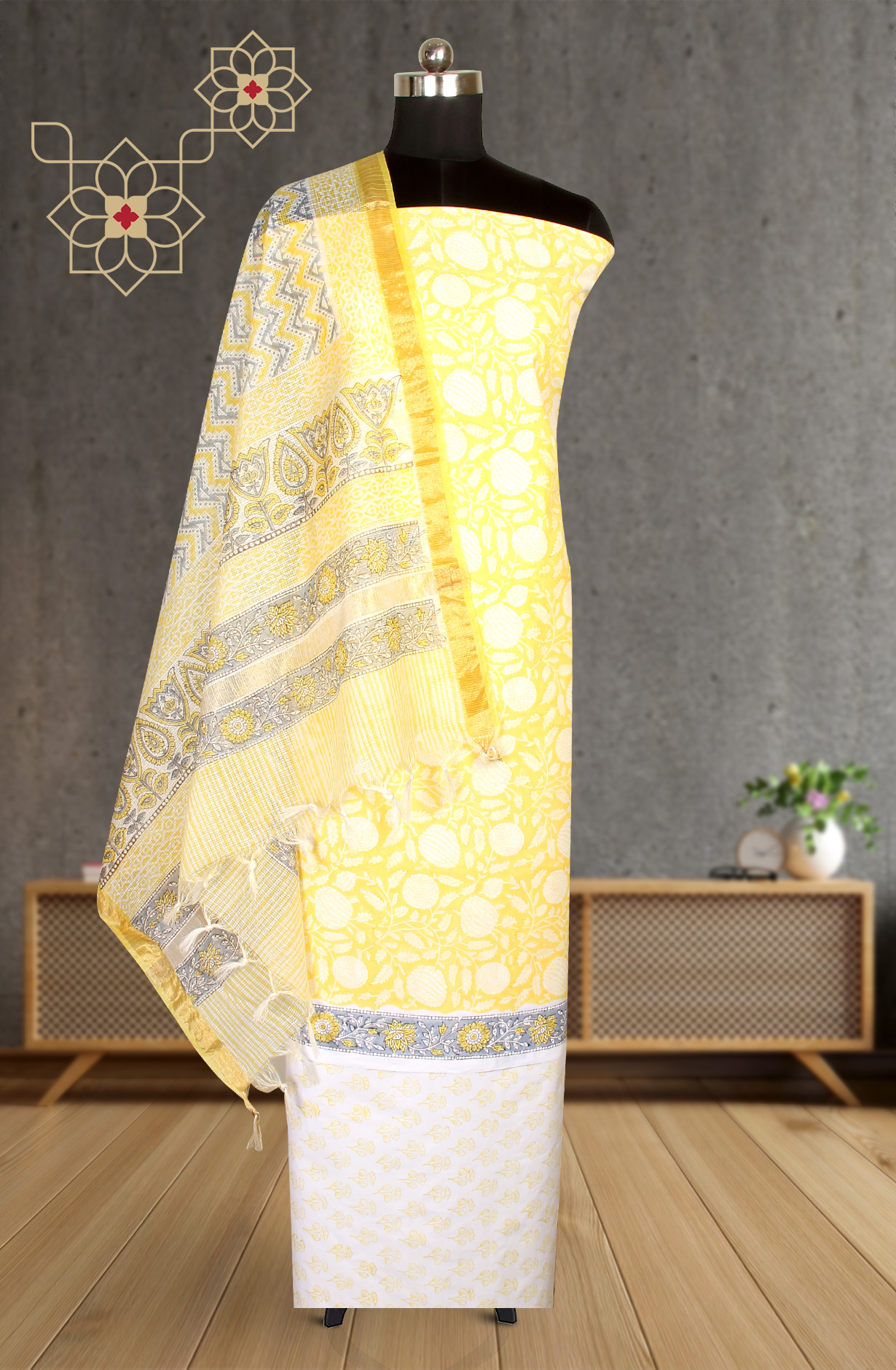 Yellow Printed Unstitched Cotton Dress Material - PFSCOT1011-4A