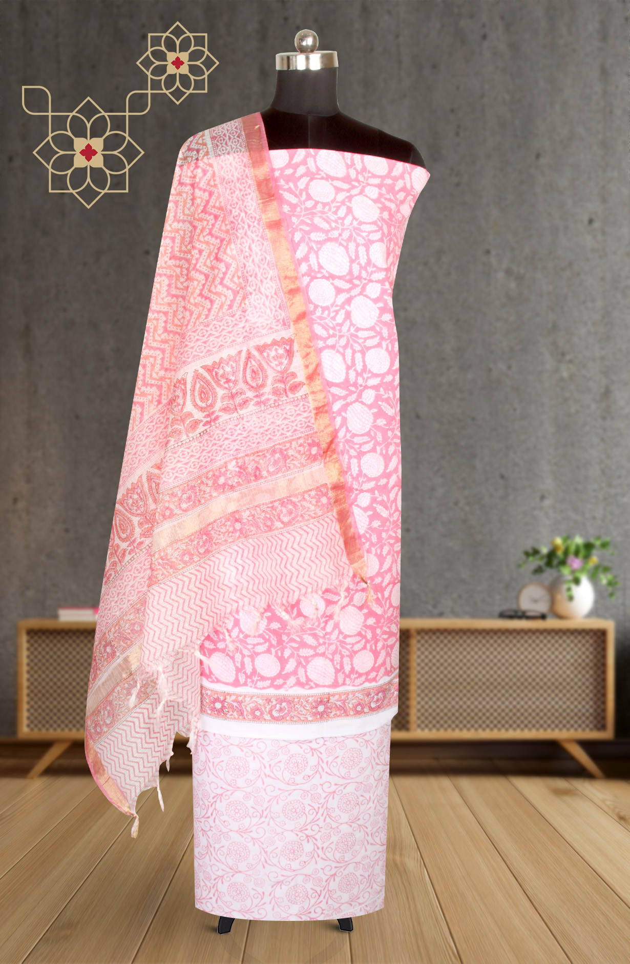 Pink Printed Unstitched Cotton Dress Material - PFSCOT1011-4C