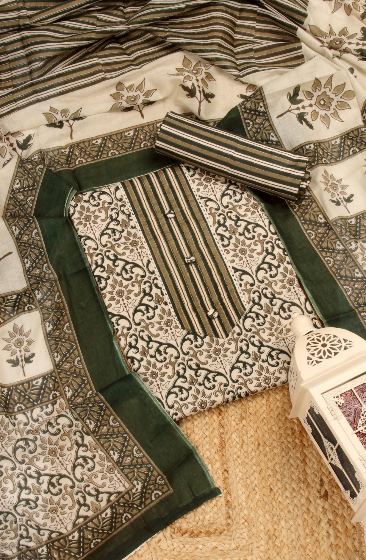 Bottle Green Cotton Unstitched Printed Salwar Dress Material - PFSCOT1206-1D