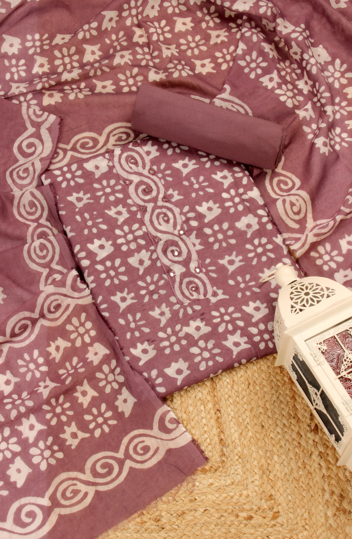 Mauve Chanderi Cotton Unstitched Printed Salwar Dress Material - PFSCOT1209A