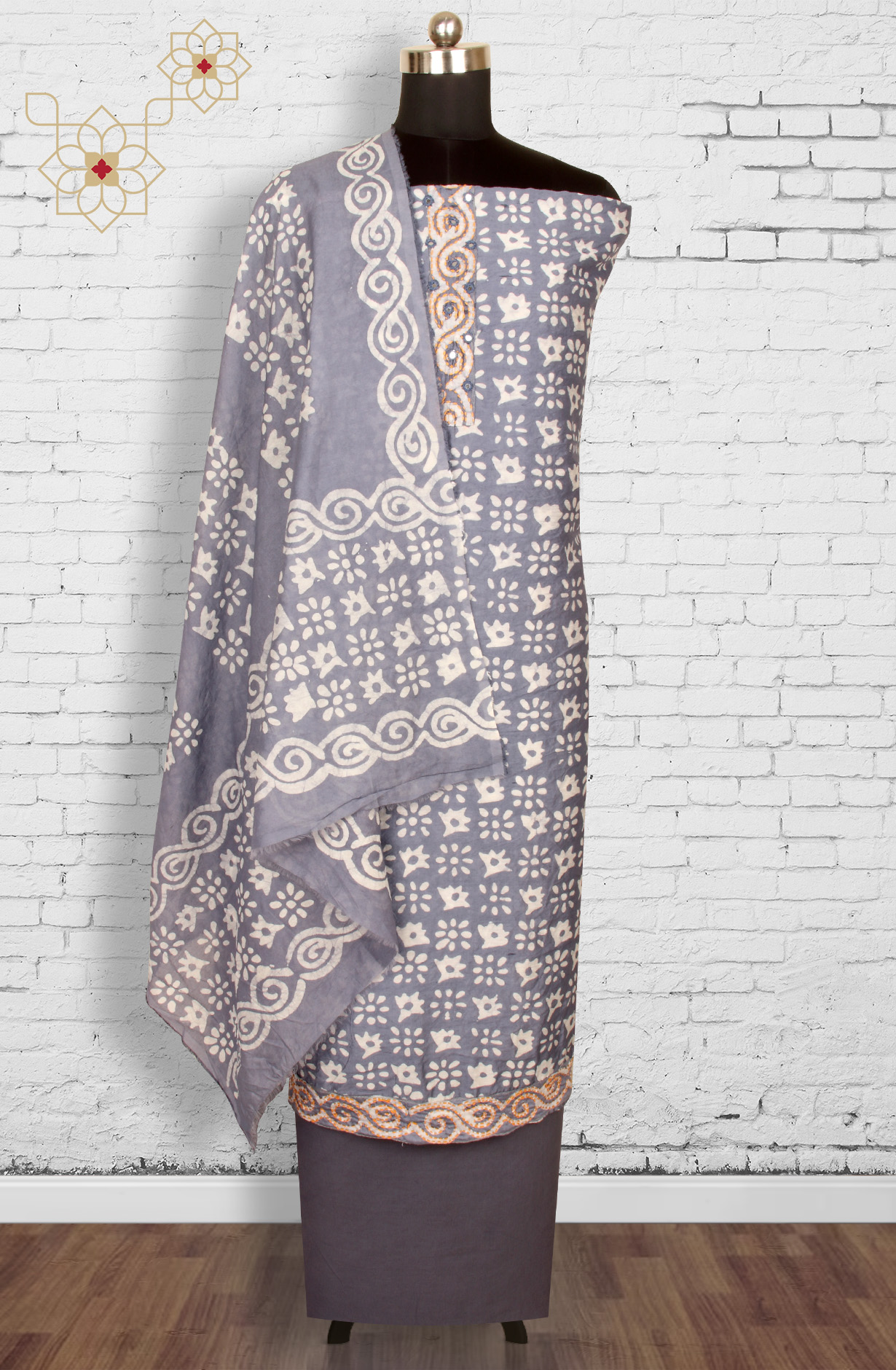 Grey Chanderi Cotton Unstitched Printed Salwar Dress Material - PFSCOT1209C