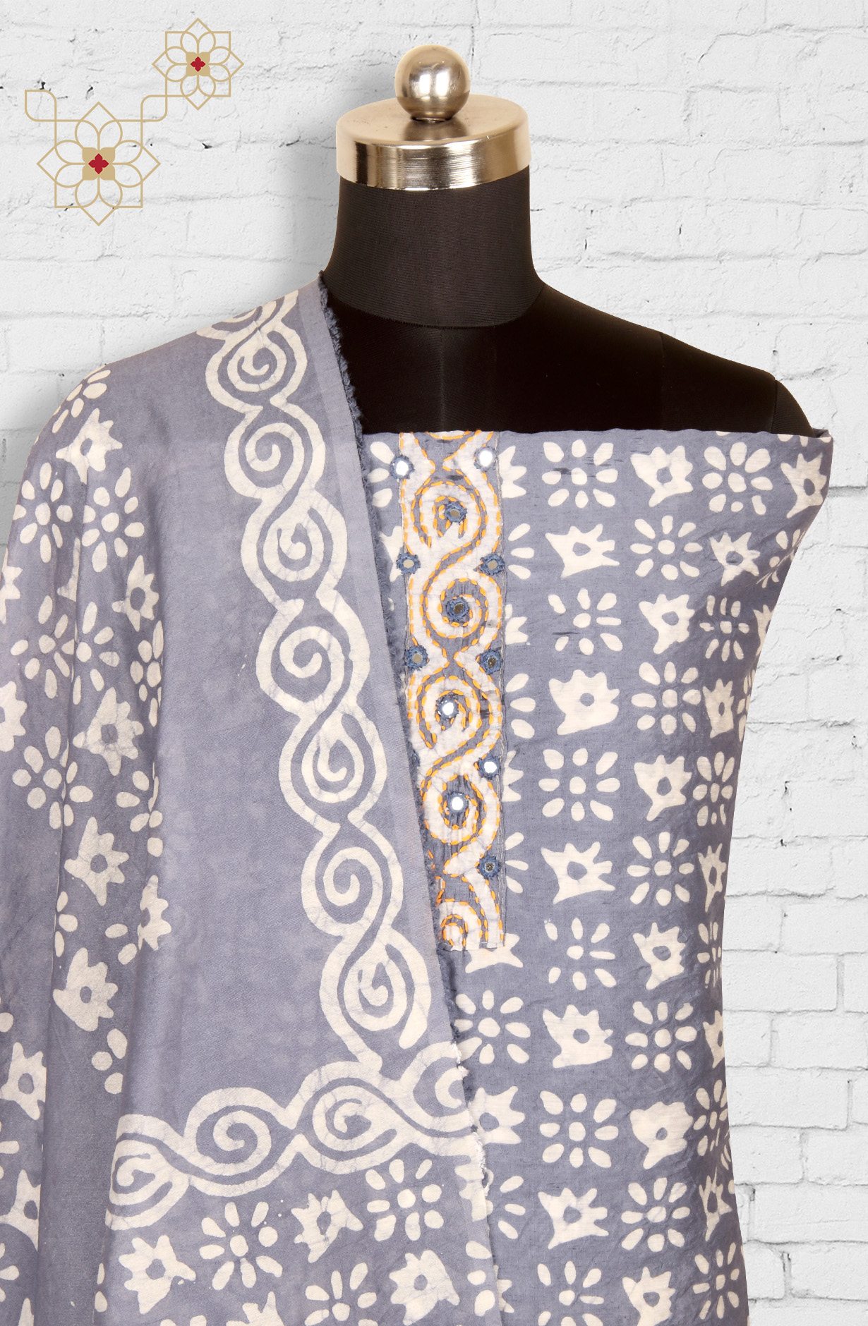 Grey Chanderi Cotton Unstitched Printed Salwar Dress Material - PFSCOT1209C